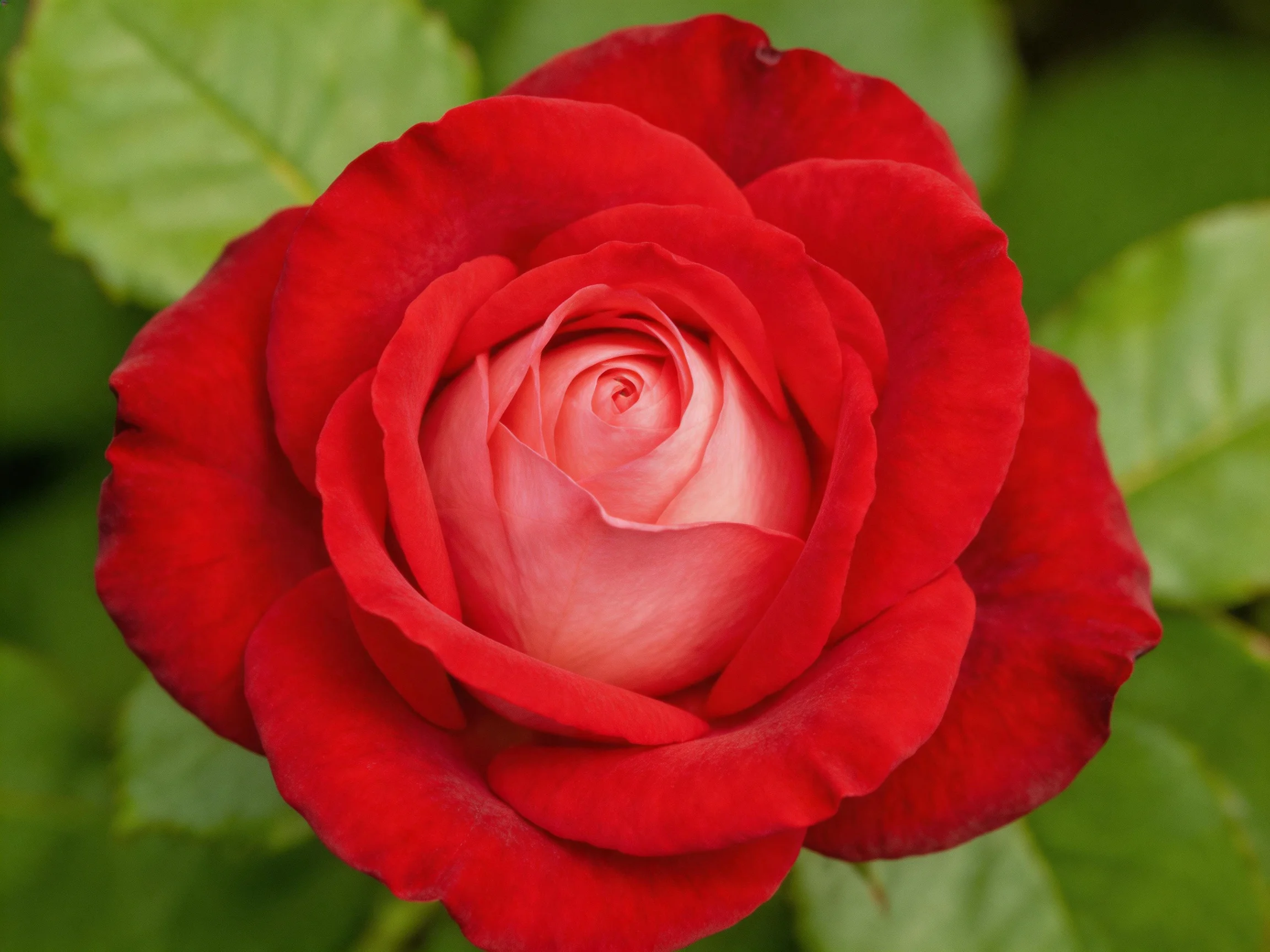 A vibrant red rose in full bloom with lush green foliage