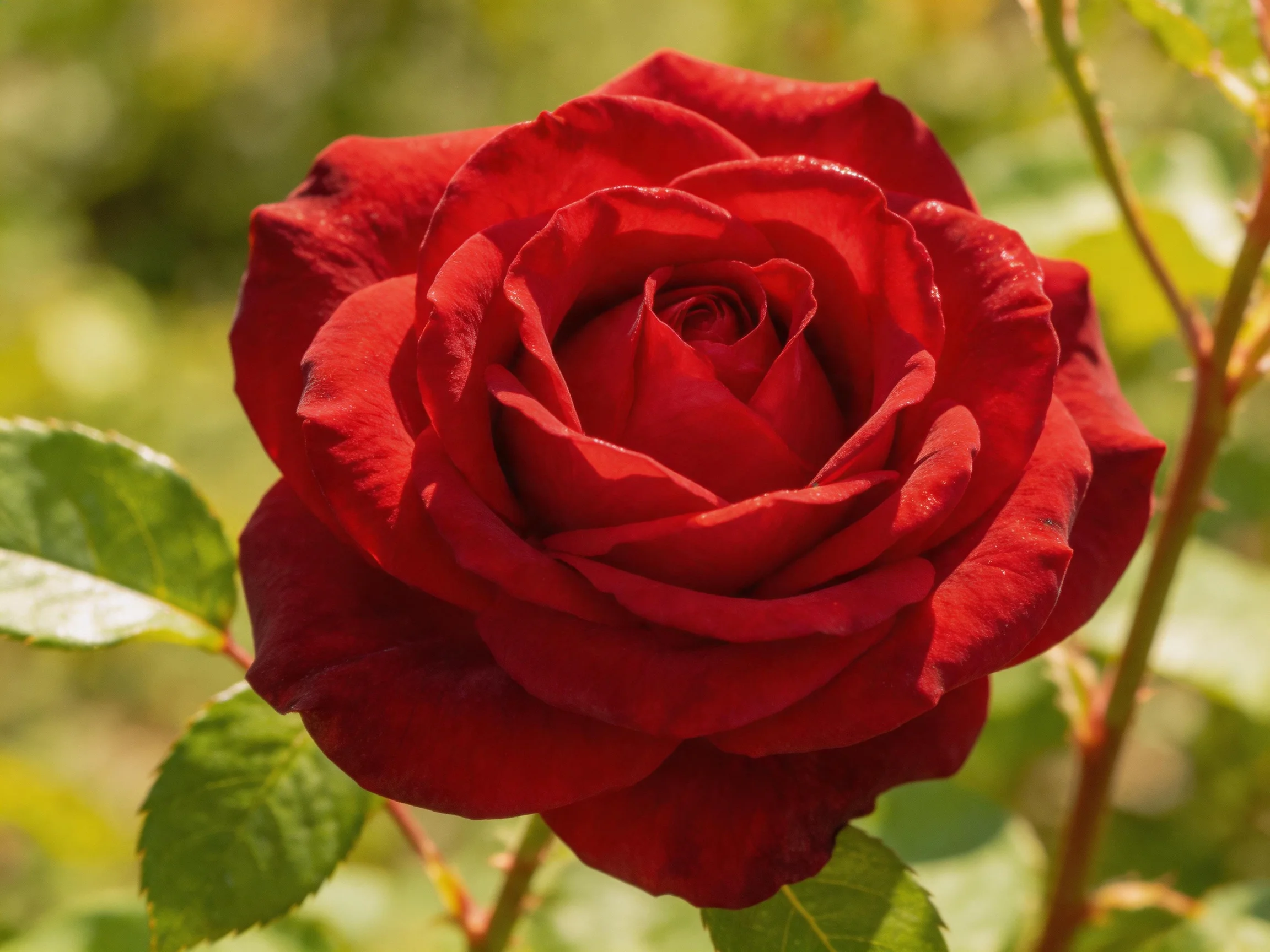 A vibrant red rose in full bloom with lush green foliage