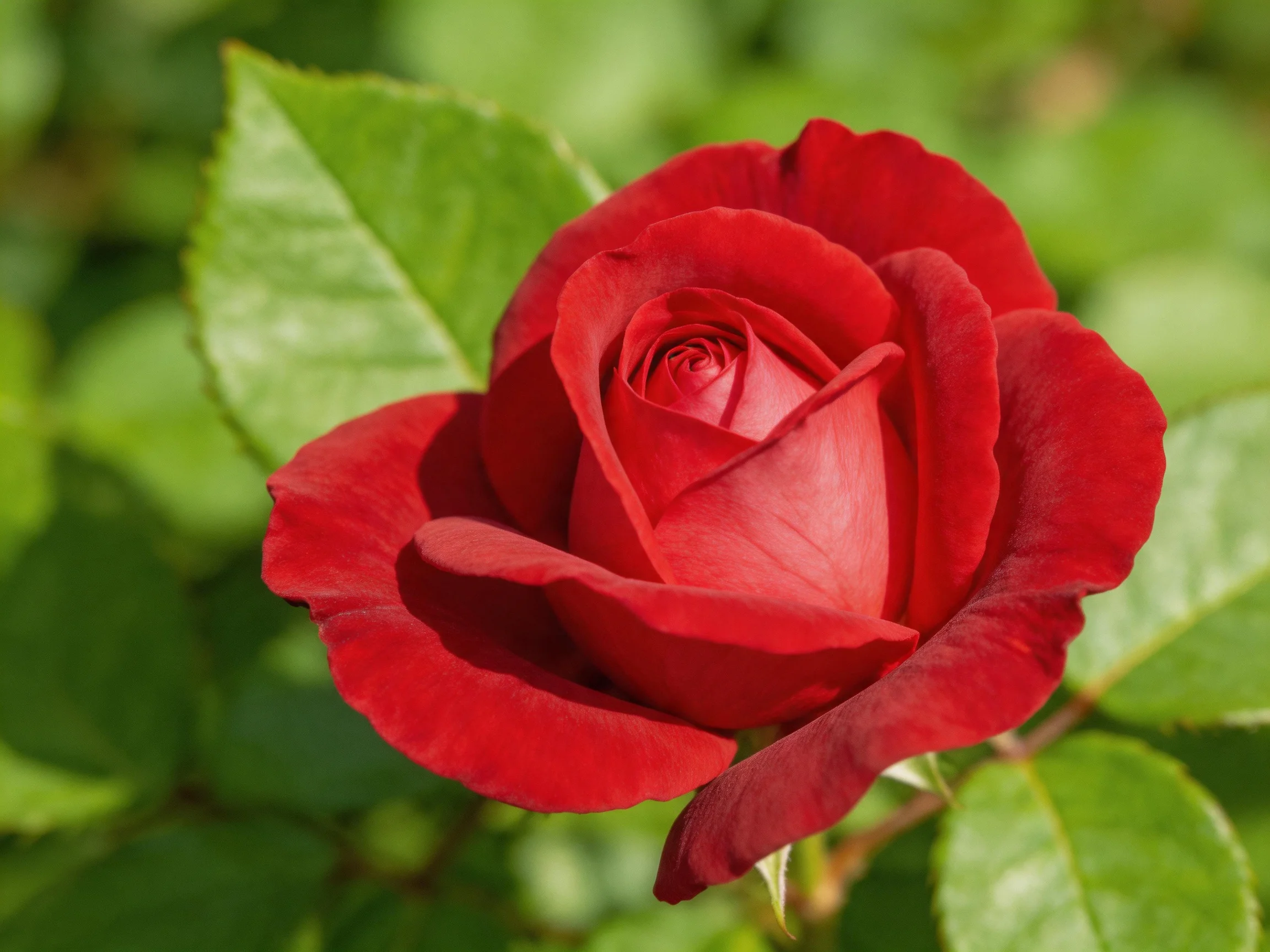 A vibrant red rose in full bloom with lush green foliage