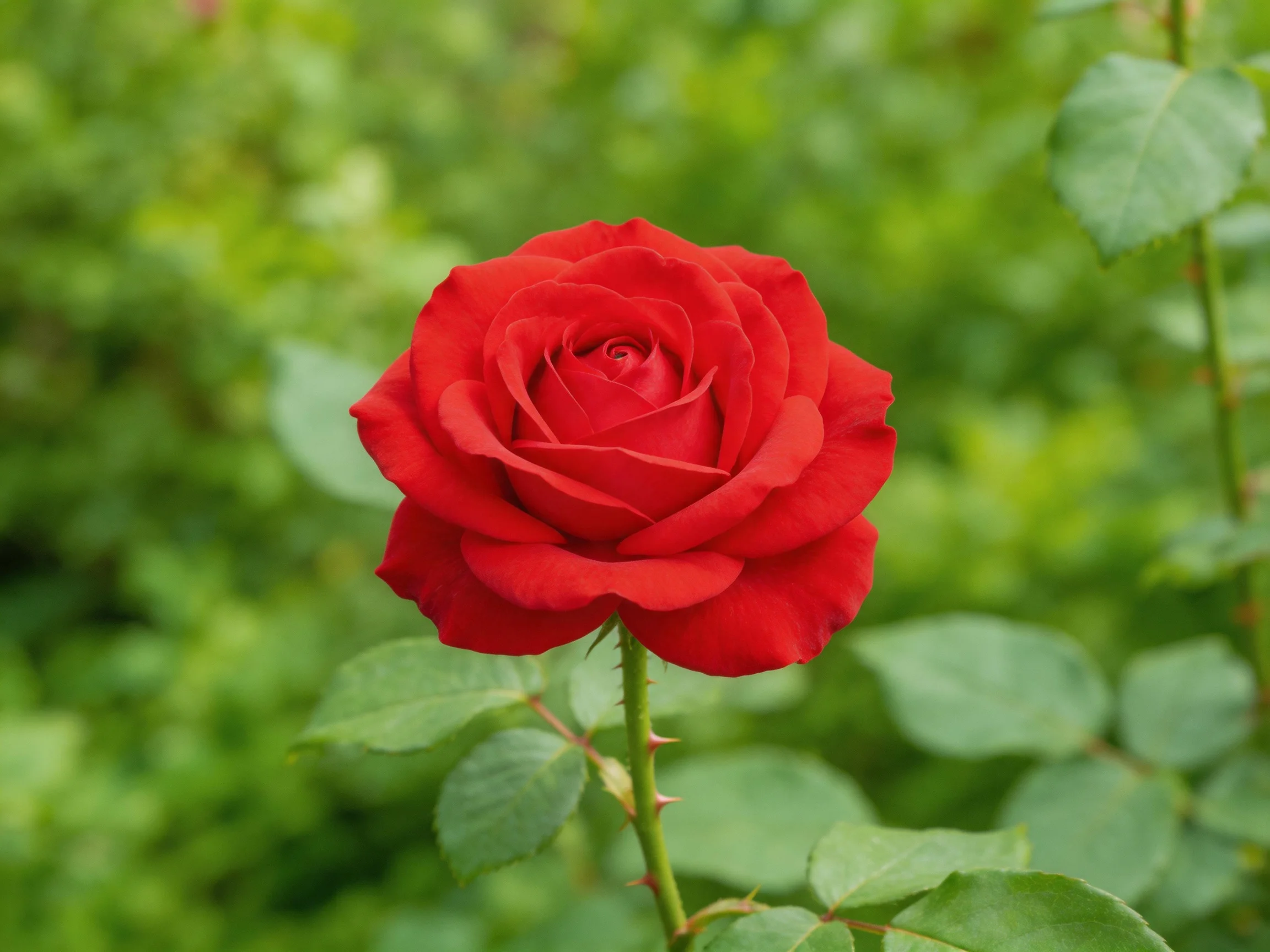 A vibrant red rose stands out among lush greenery
