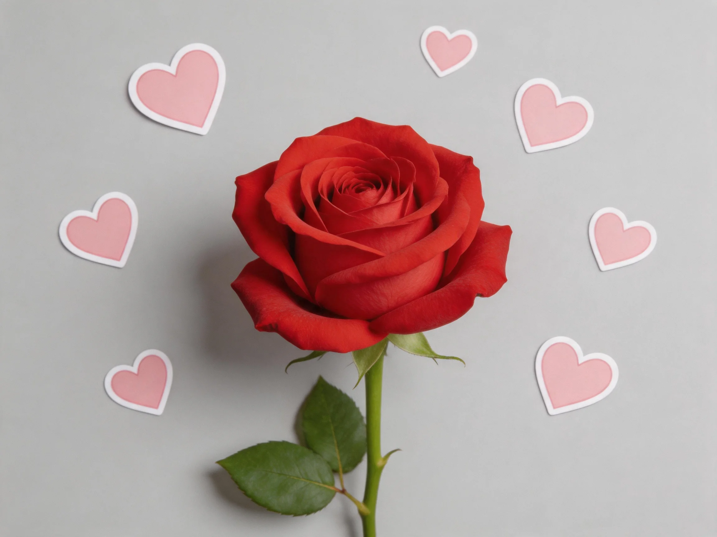 A vibrant red rose surrounded by six pink heart cutouts on a gray surface