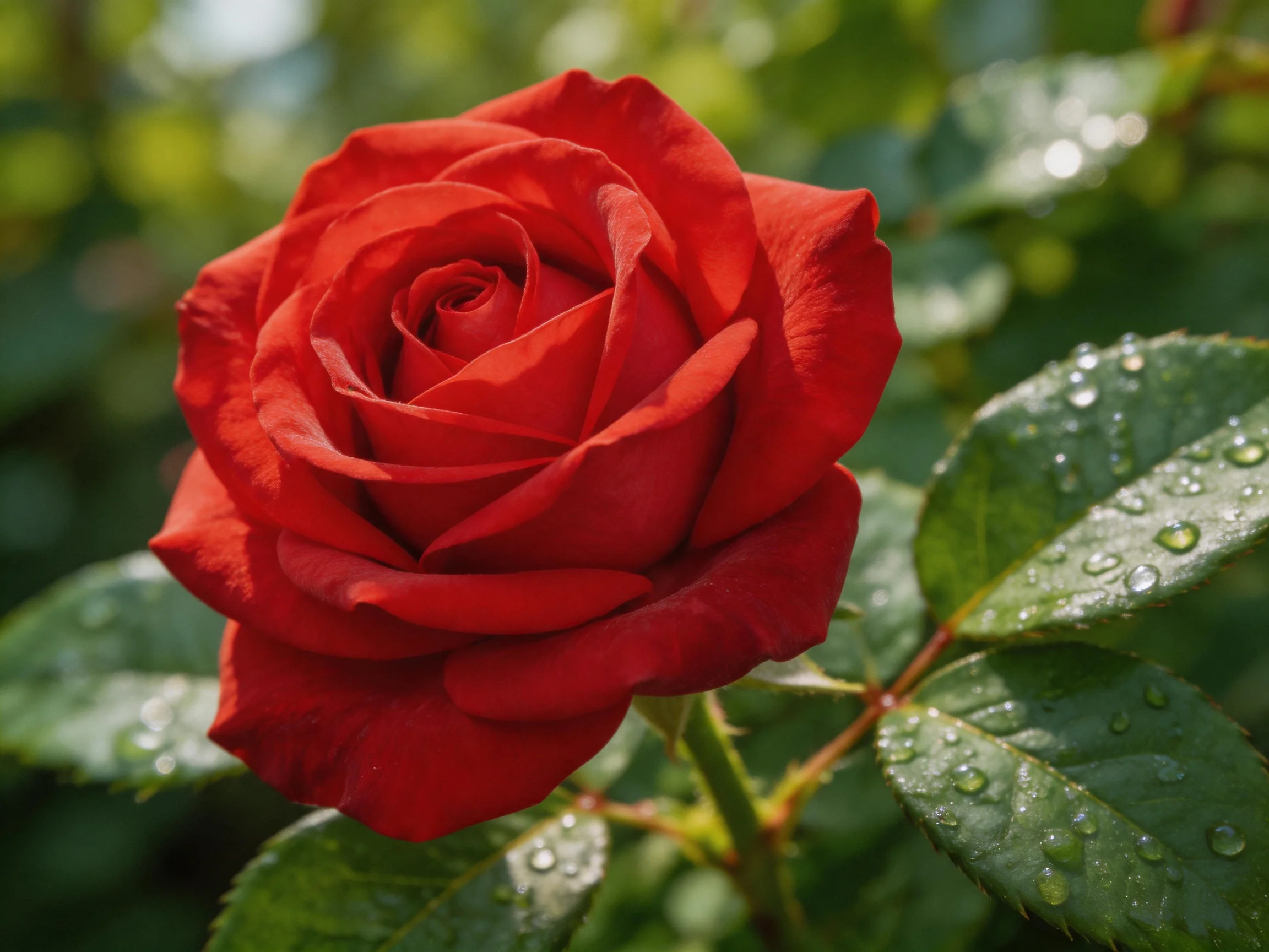 A vibrant red rose with dew-covered green leaves