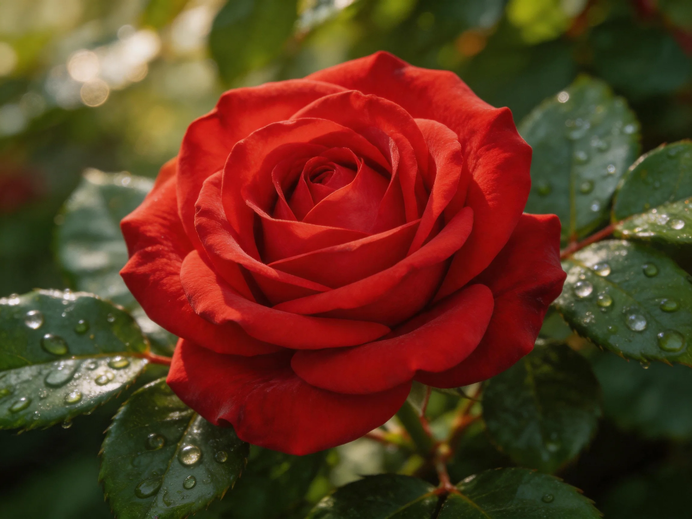 A vibrant red rose with dew-draped green foliage