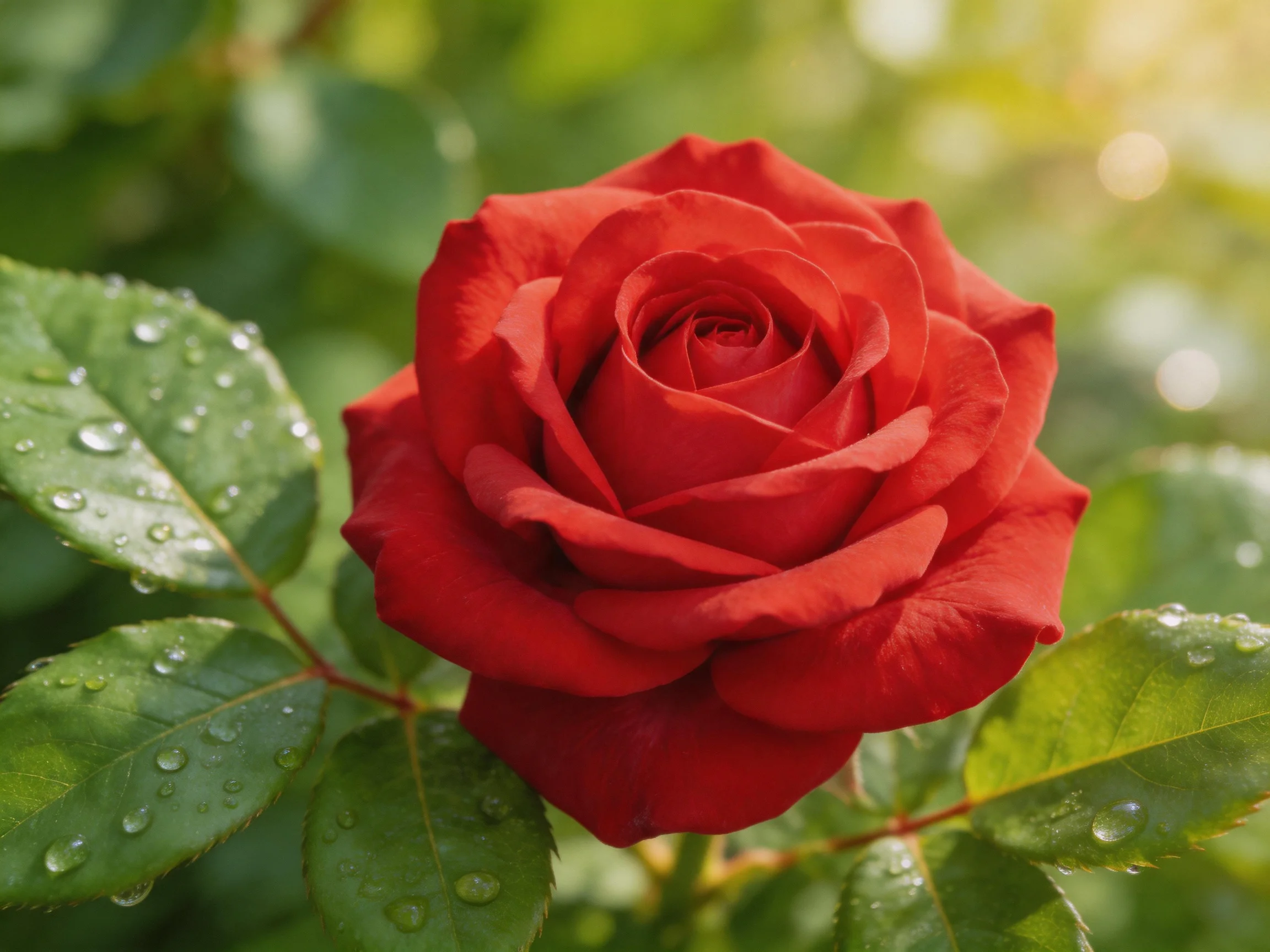 A vibrant red rose with dewy green leaves in a sunlit garden