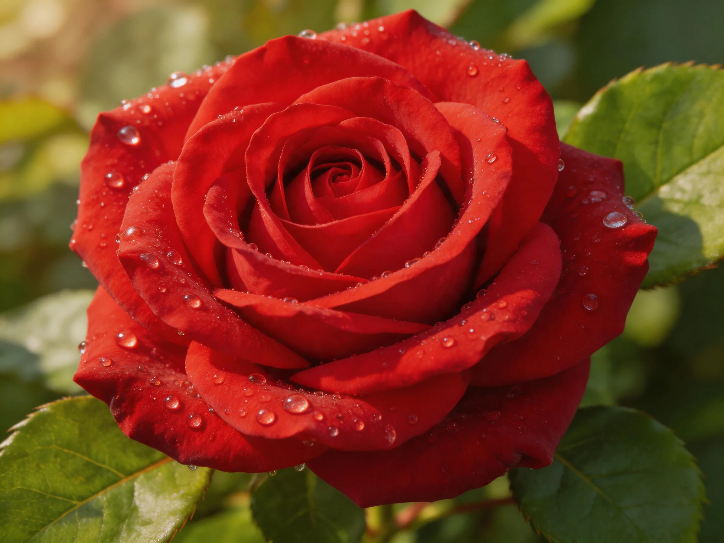 A vibrant red rose with glistening dewdrops