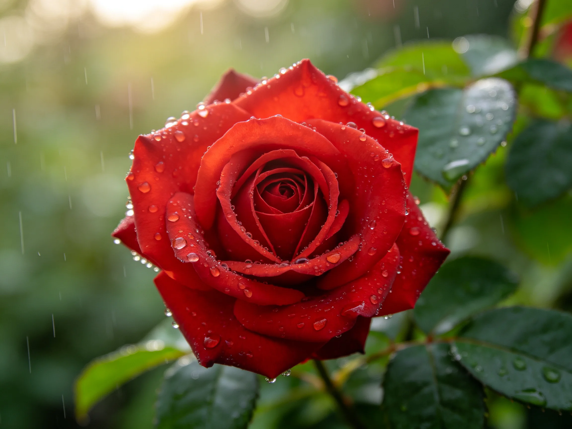 A vibrant red rose with glistening water droplets in the rain