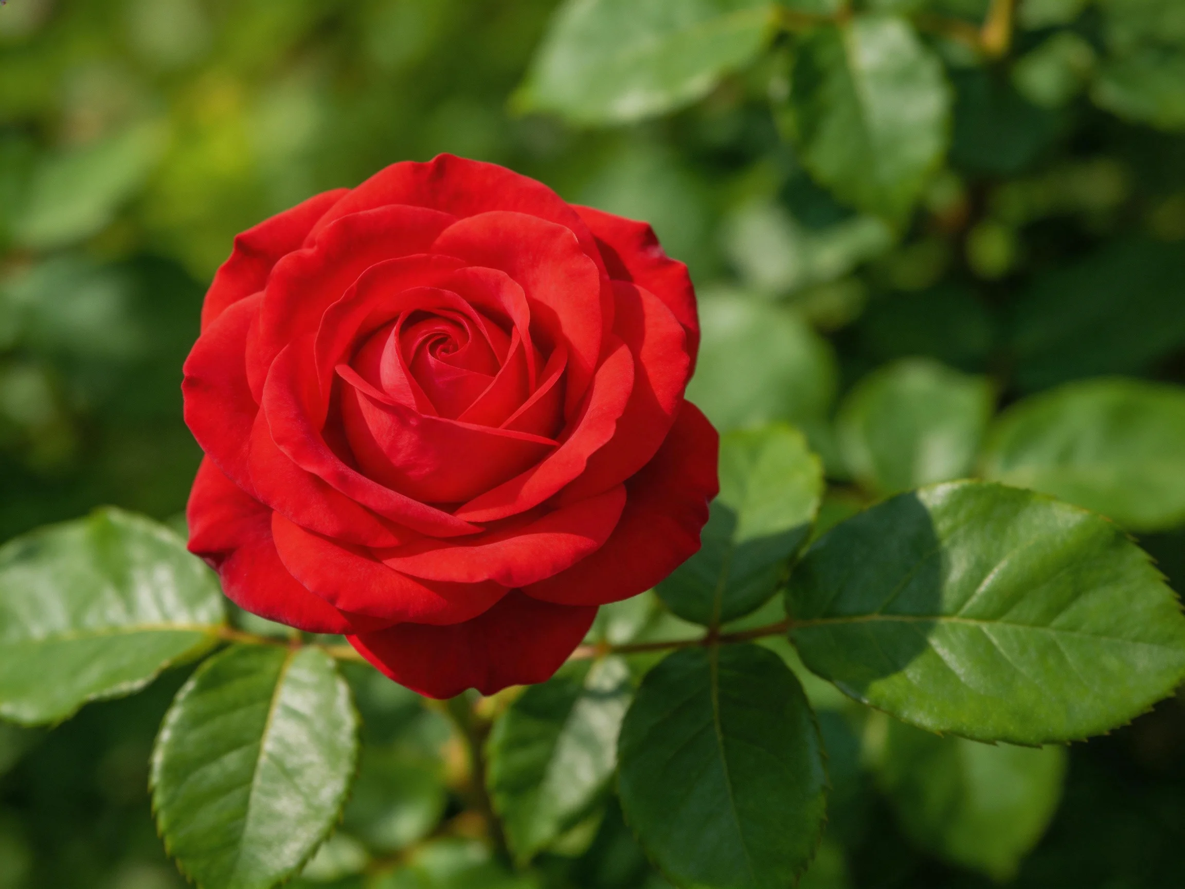 A vibrant red rose with lush green foliage in the background