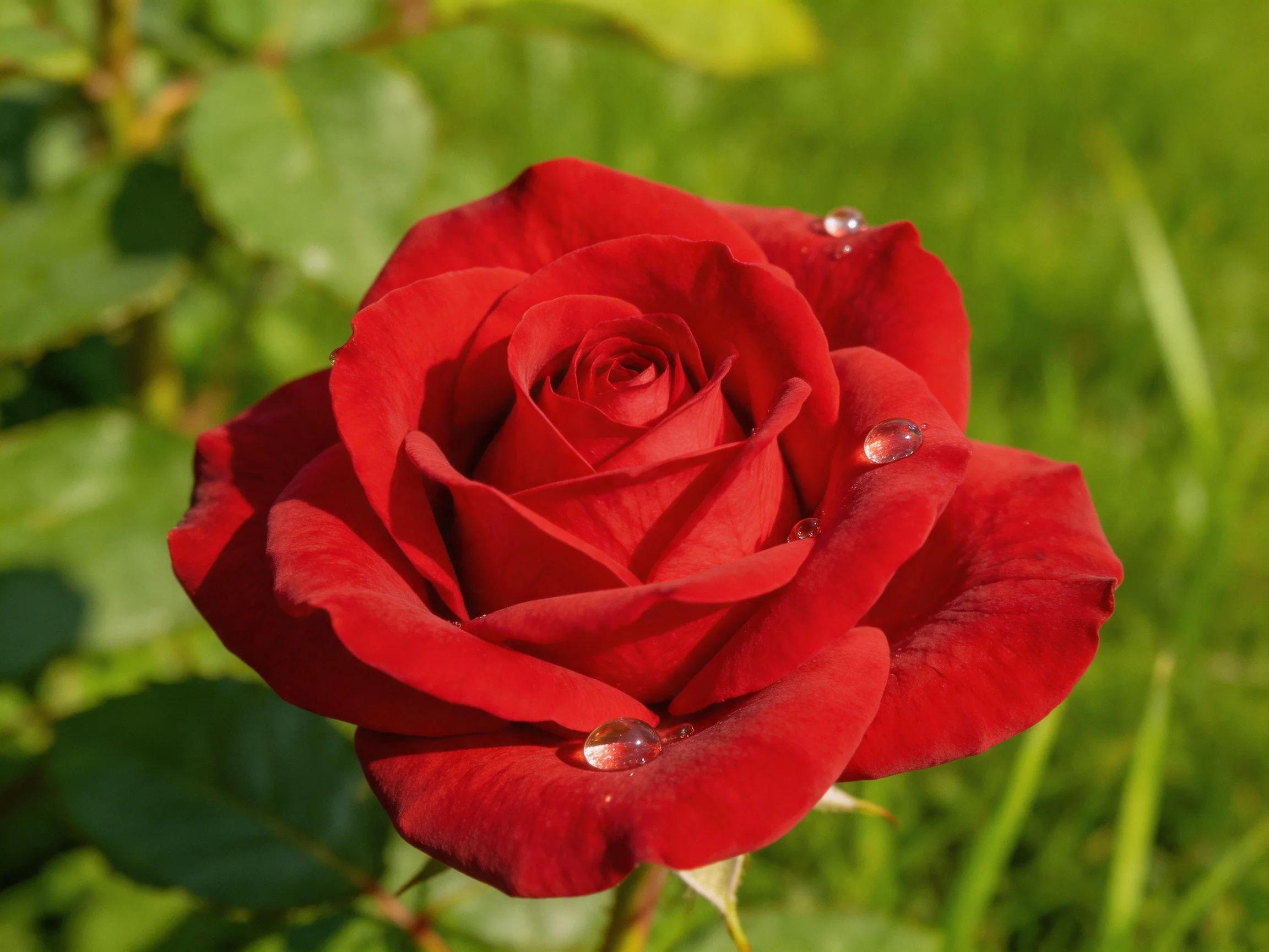 A vibrant red rose with water droplets amidst green foliage