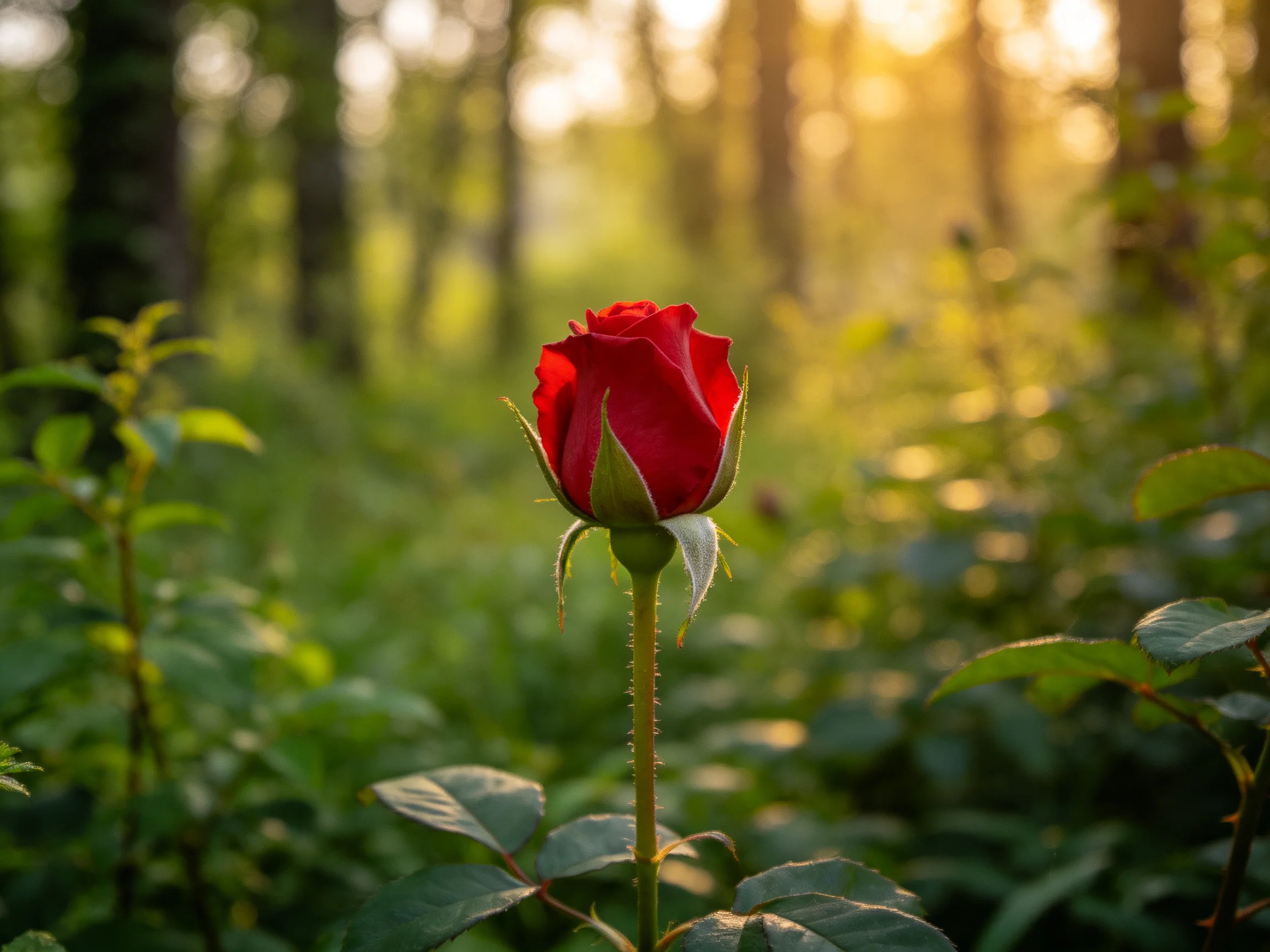 A vibrant red rosebud stands amidst lush greenery in a sunlit forest