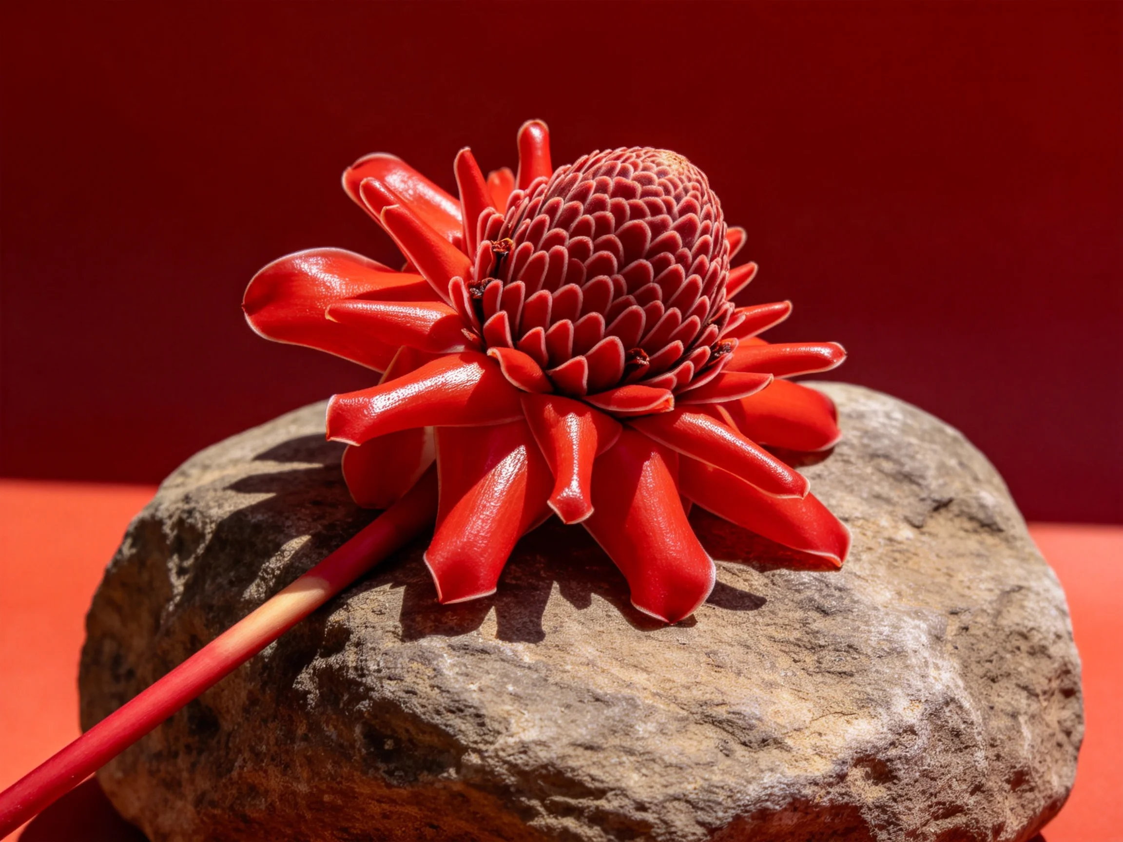 A vibrant red tropical flower rests on a large gray rock with a red backdrop