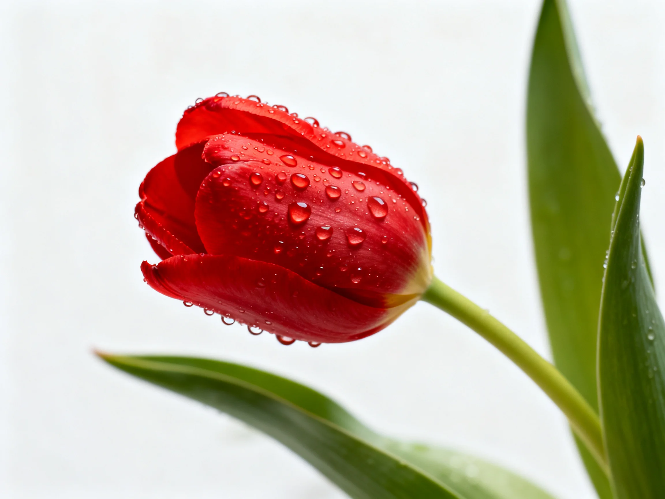 A vibrant red tulip covered in glistening water droplets