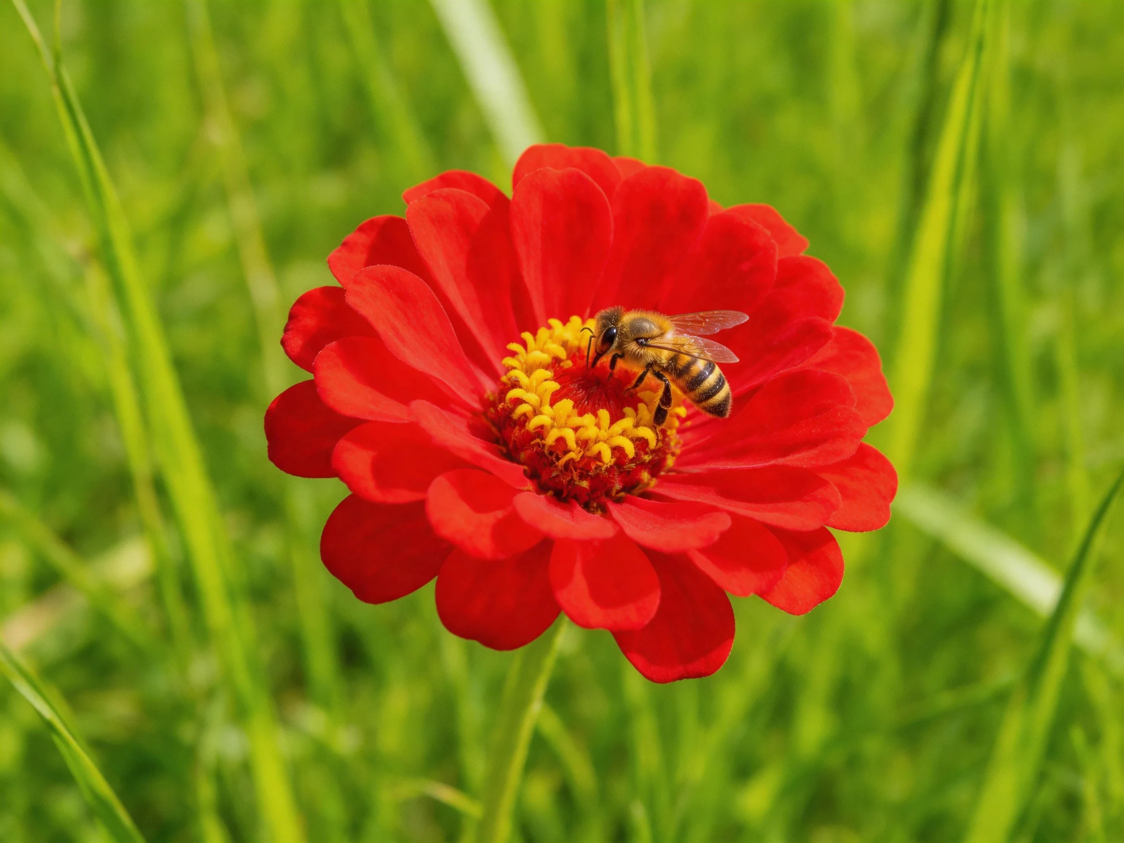 A vibrant red zinnia with a yellow center and green surroundings