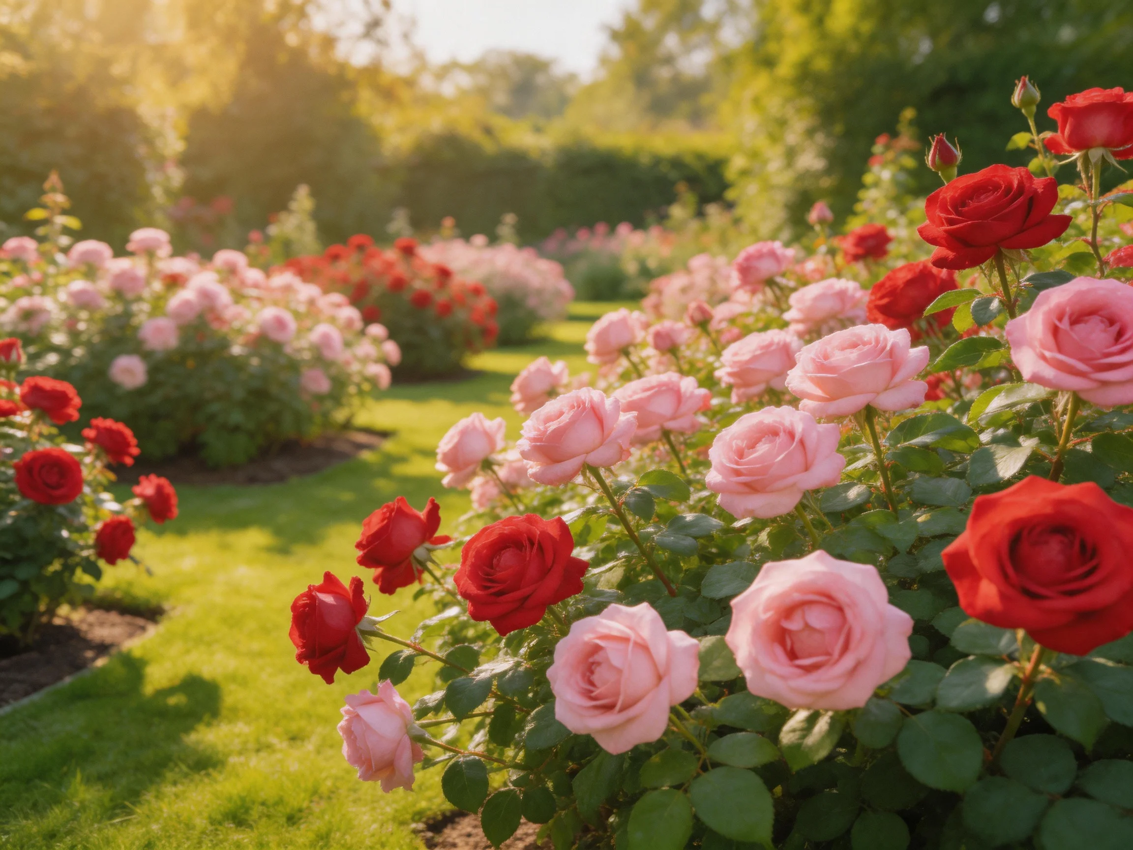 A vibrant rose garden with pink and red roses in sunlit landscape