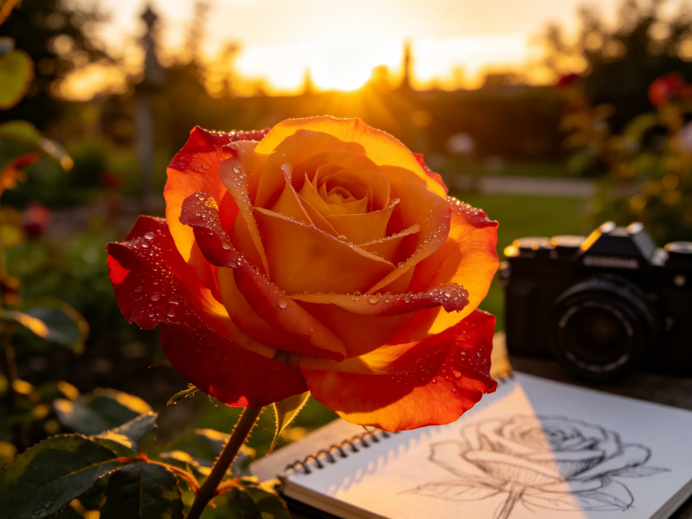 A vibrant rose with dew drops near a camera and rose sketch at sunset