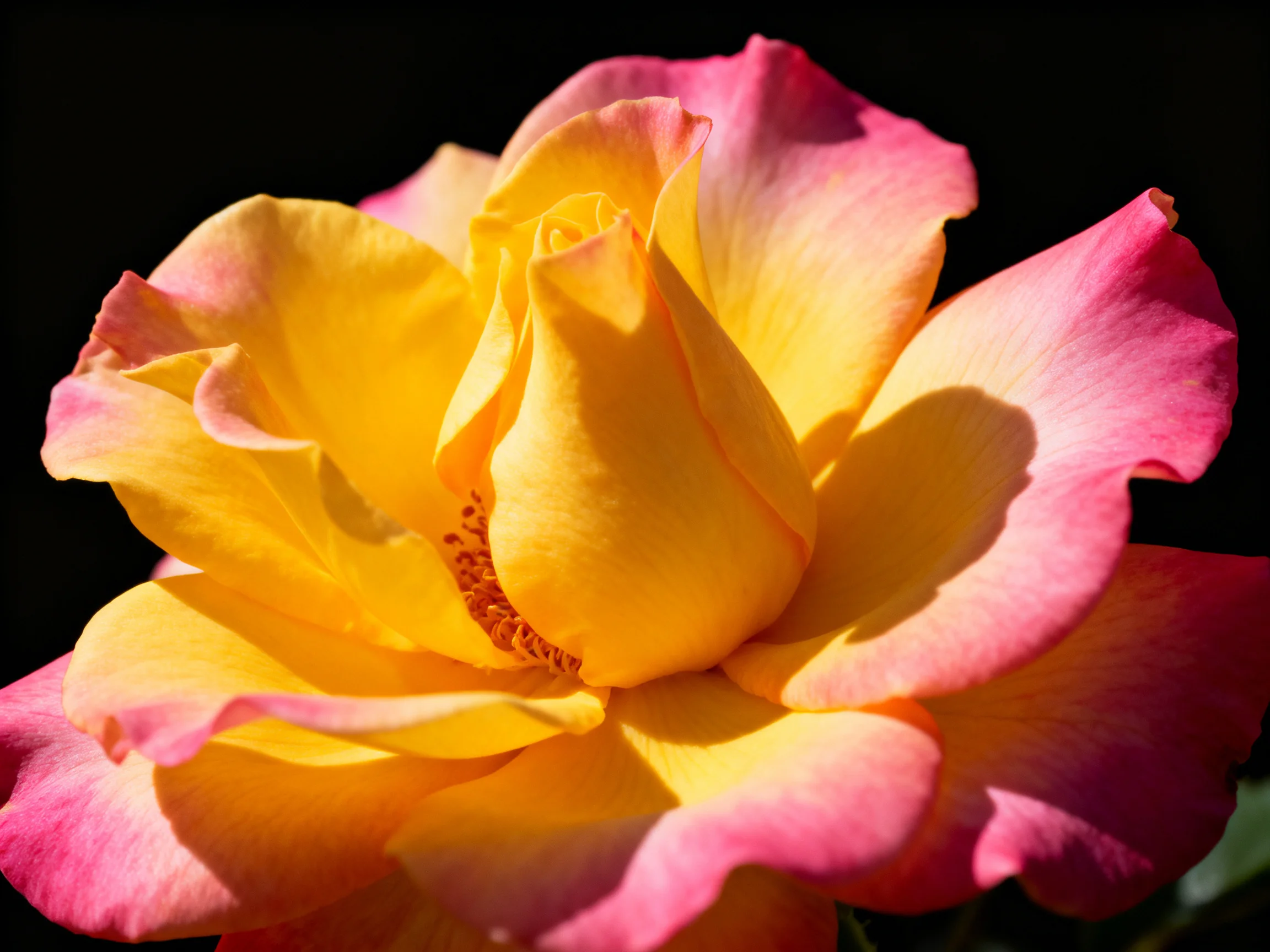 A vibrant rose with yellow and pink gradient petals