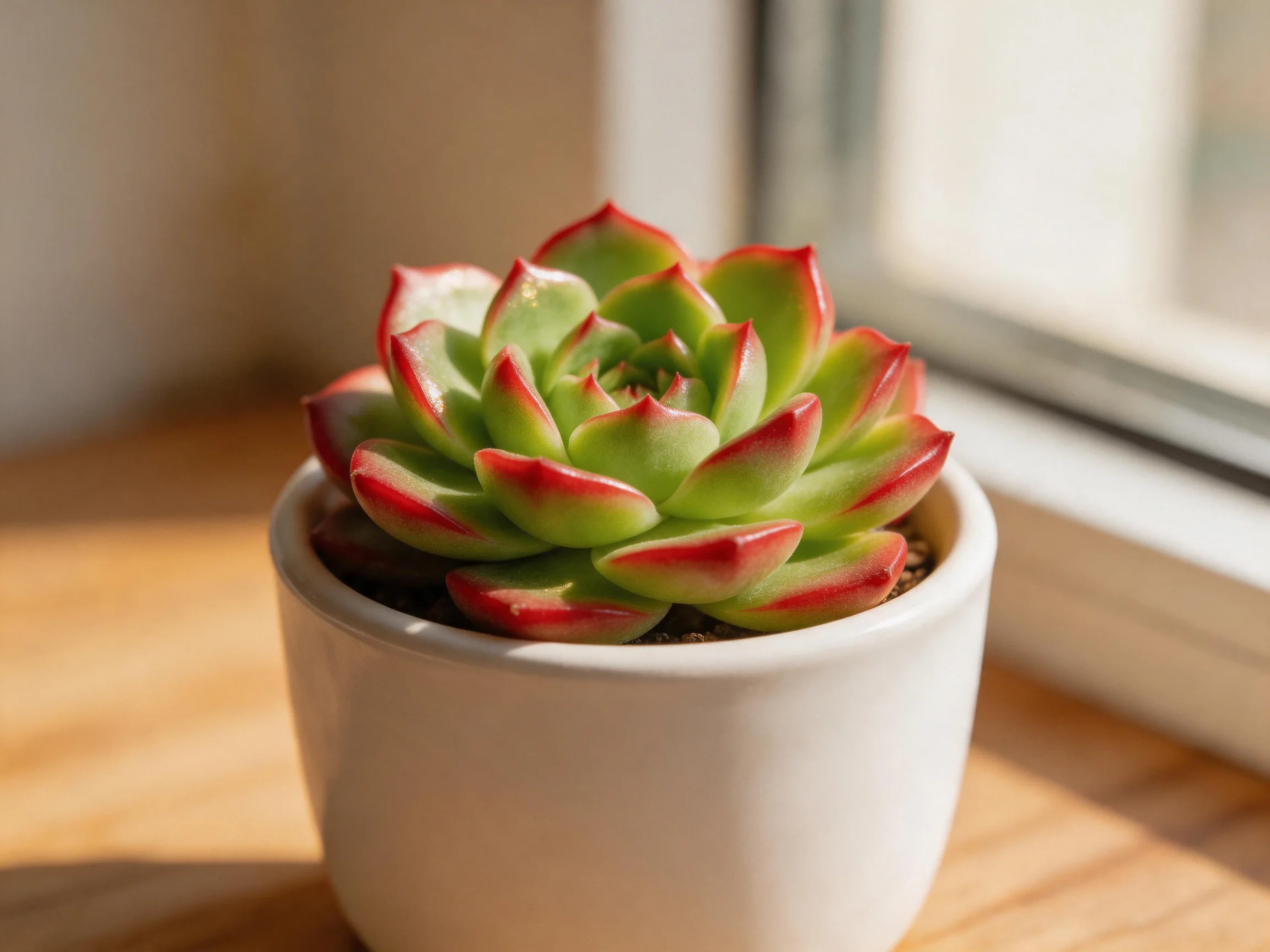 A vibrant succulent with red-tipped leaves in a white ceramic pot by a sunlit window