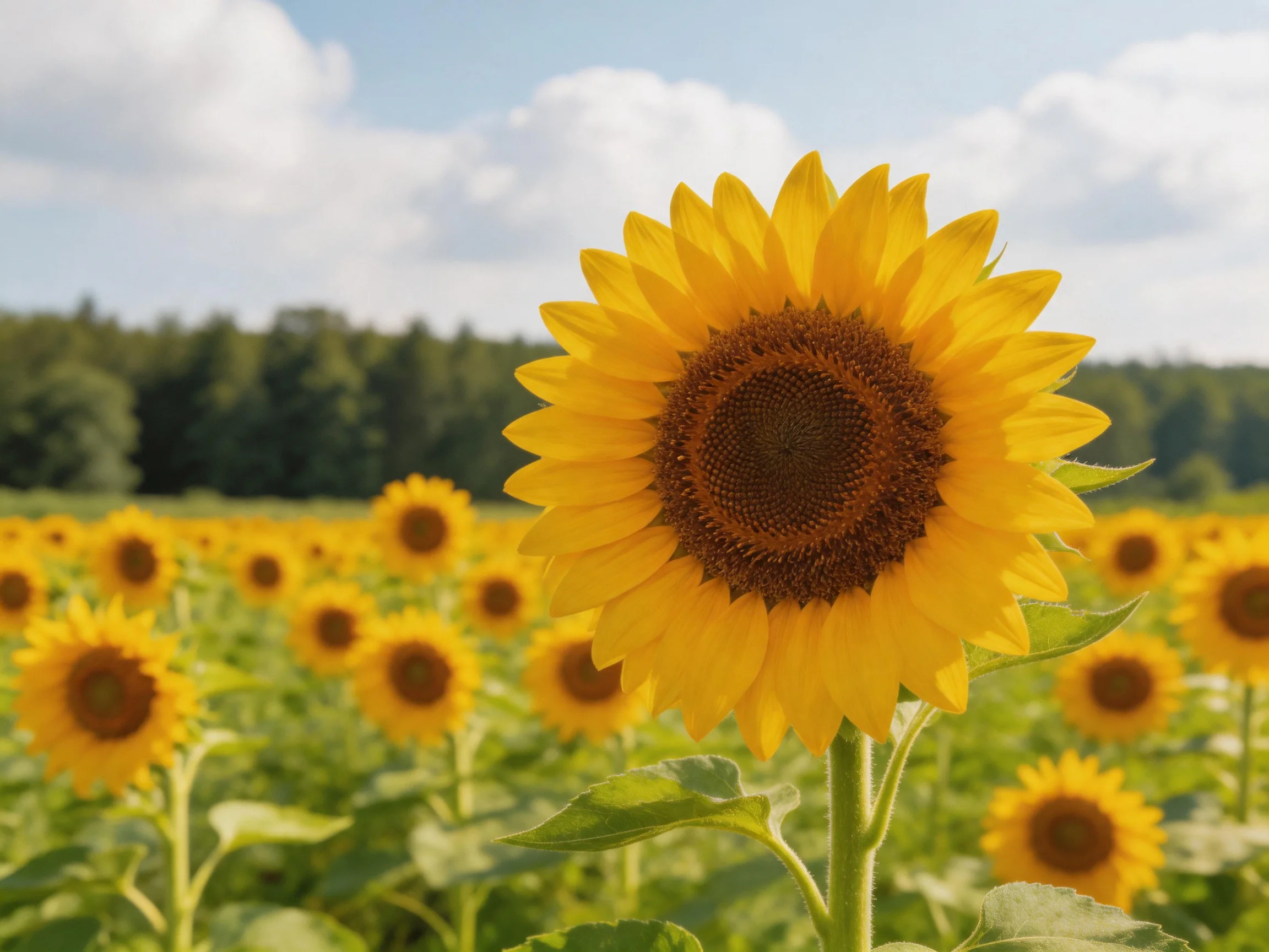 A vibrant sunflower field with large central bloom and scattered flowers