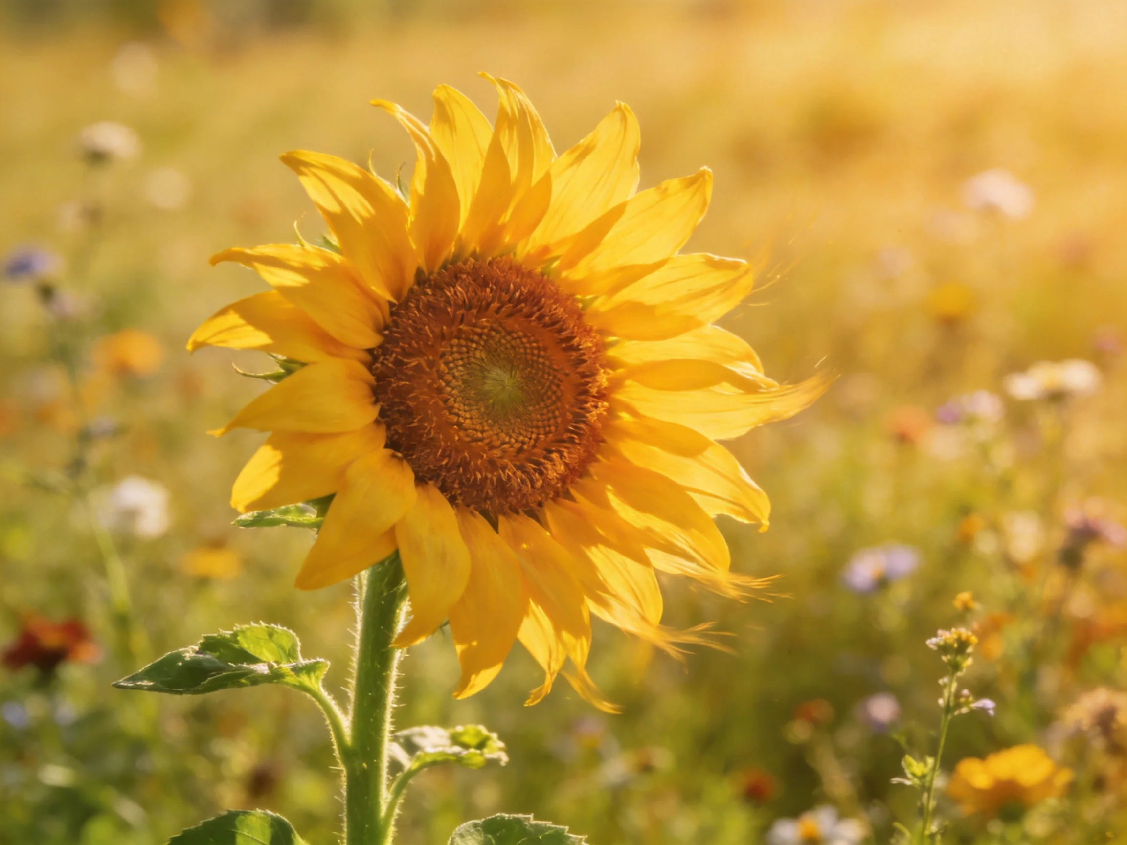 A vibrant sunflower stands out among wildflowers in golden sunlight
