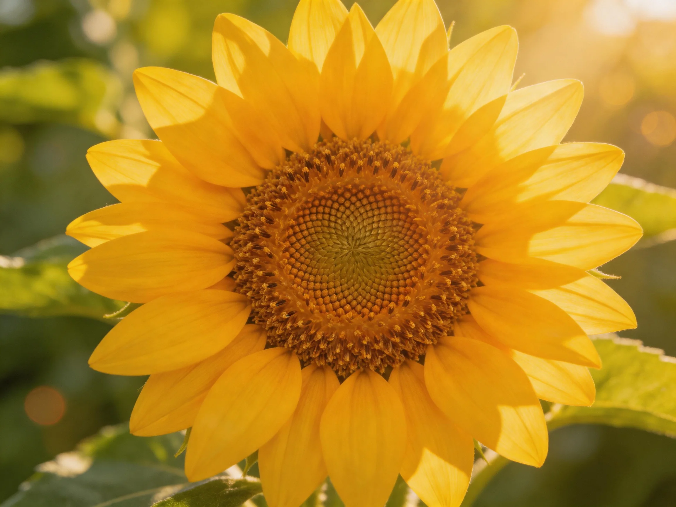 A vibrant sunflower with golden petals and a brown center