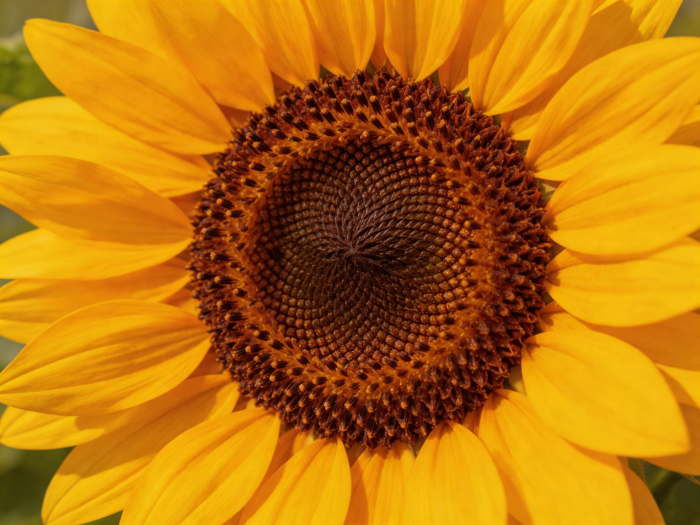 A vibrant sunflower with golden petals and a textured brown center
