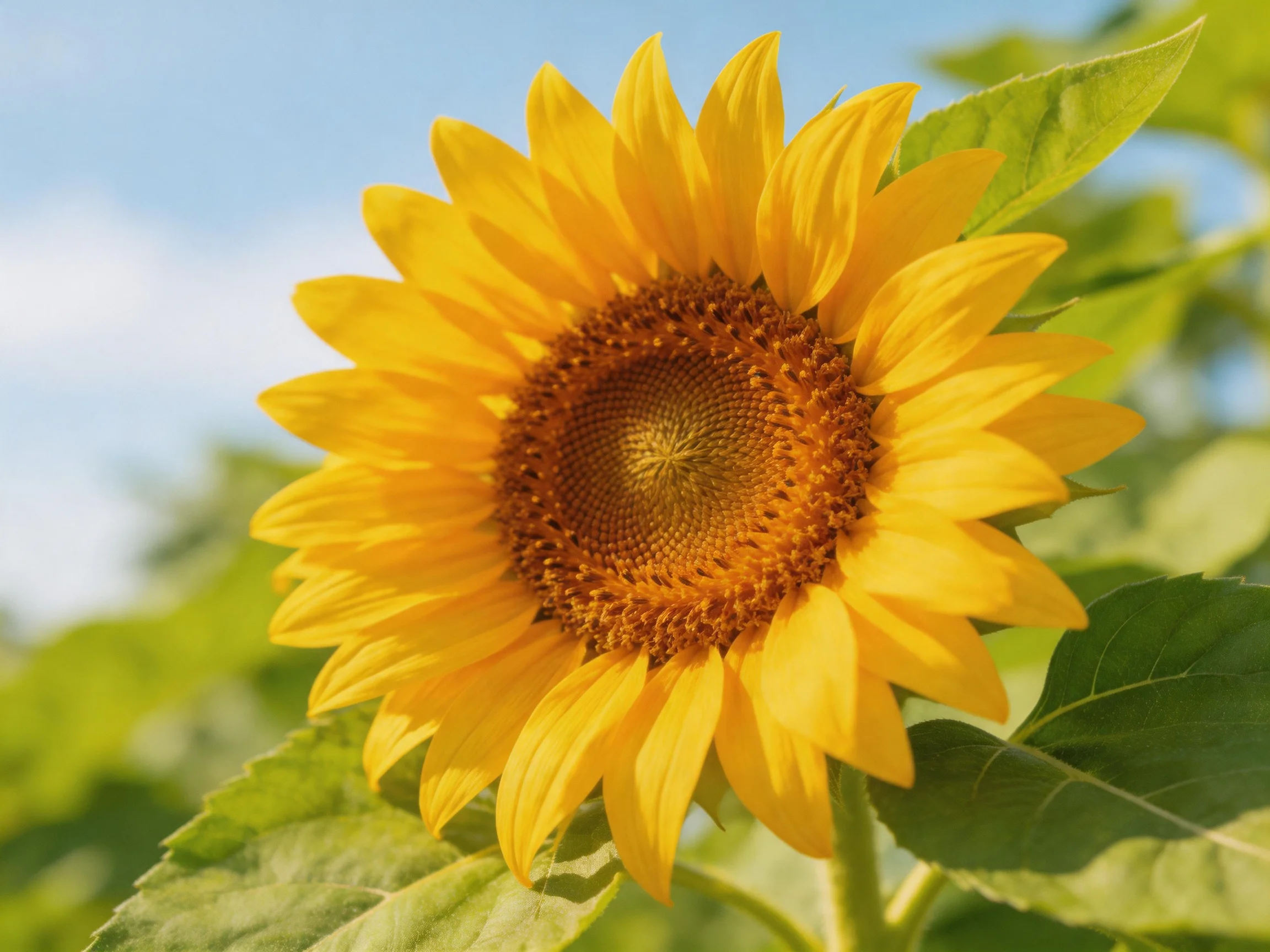 A vibrant sunflower with golden petals and brown center surrounded by green leaves