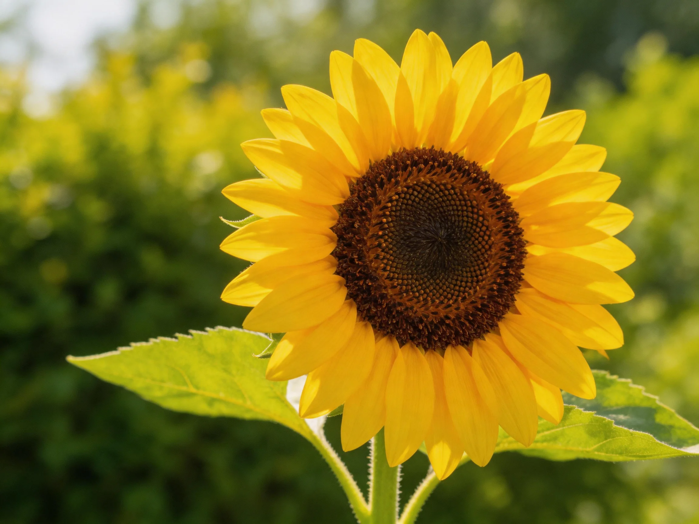A vibrant sunflower with golden petals and dark brown center