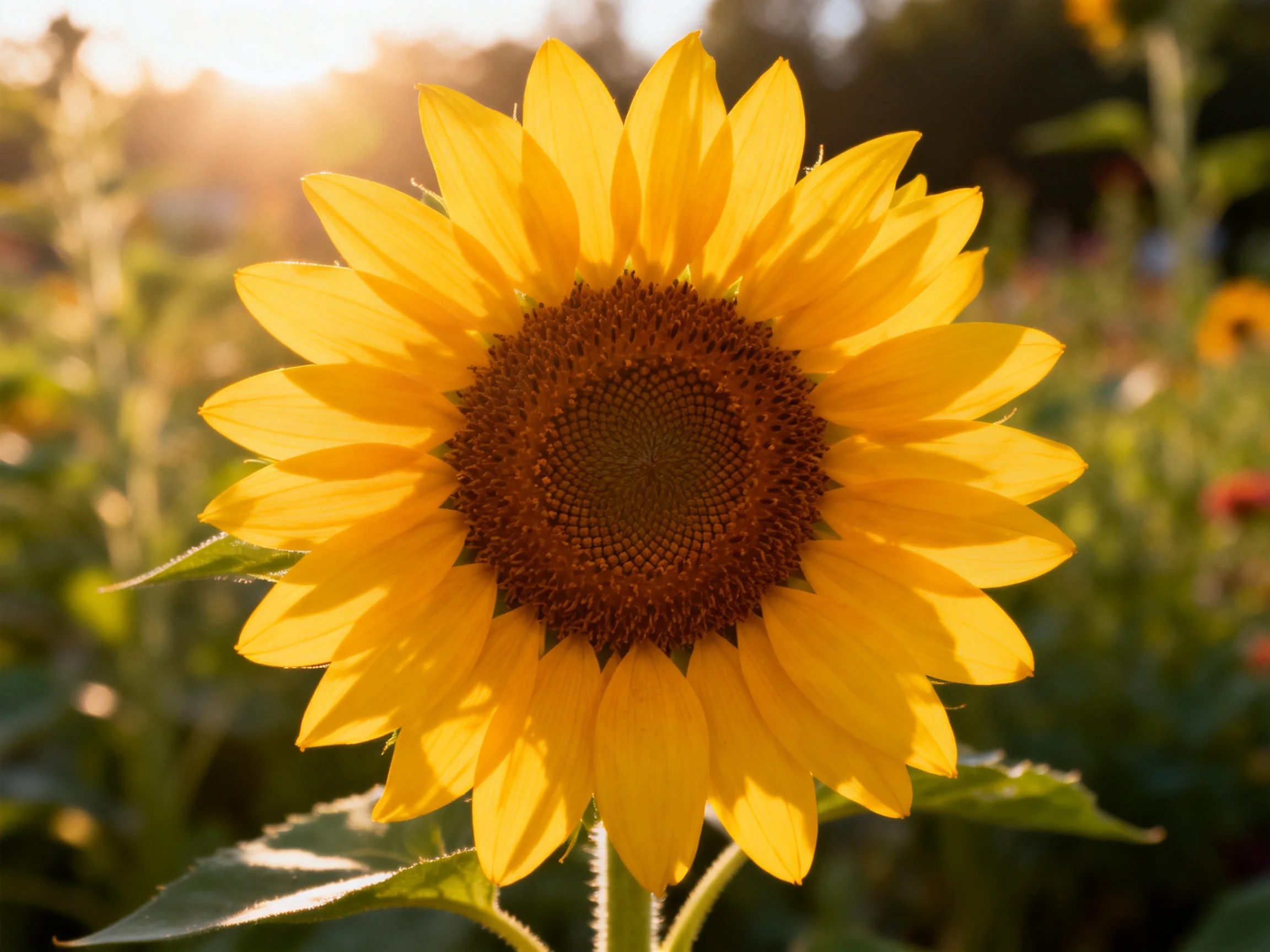A single sunflower stands out against a blurred green background.