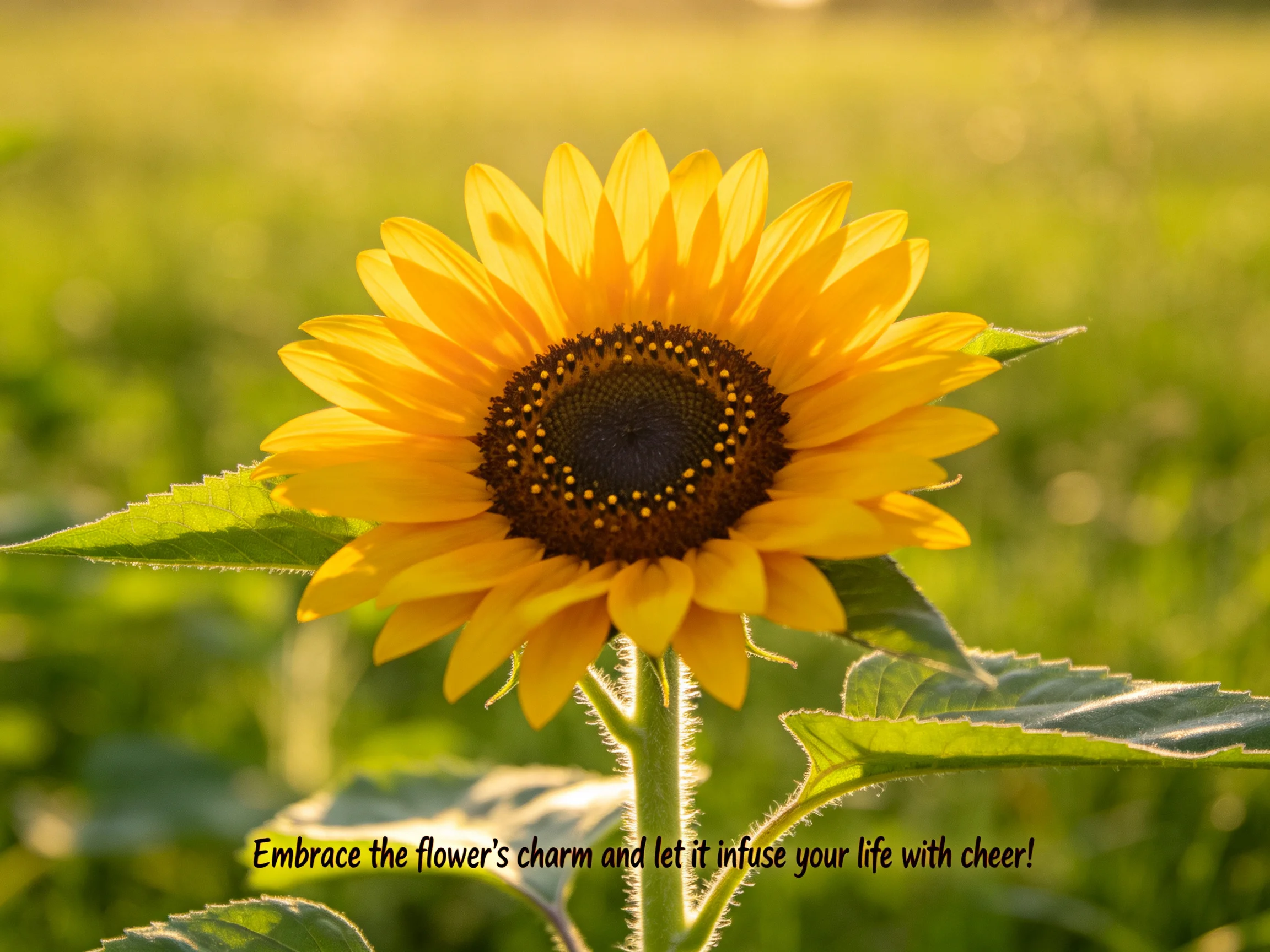 A vibrant sunflower with golden petals stands in a sunlit green landscape