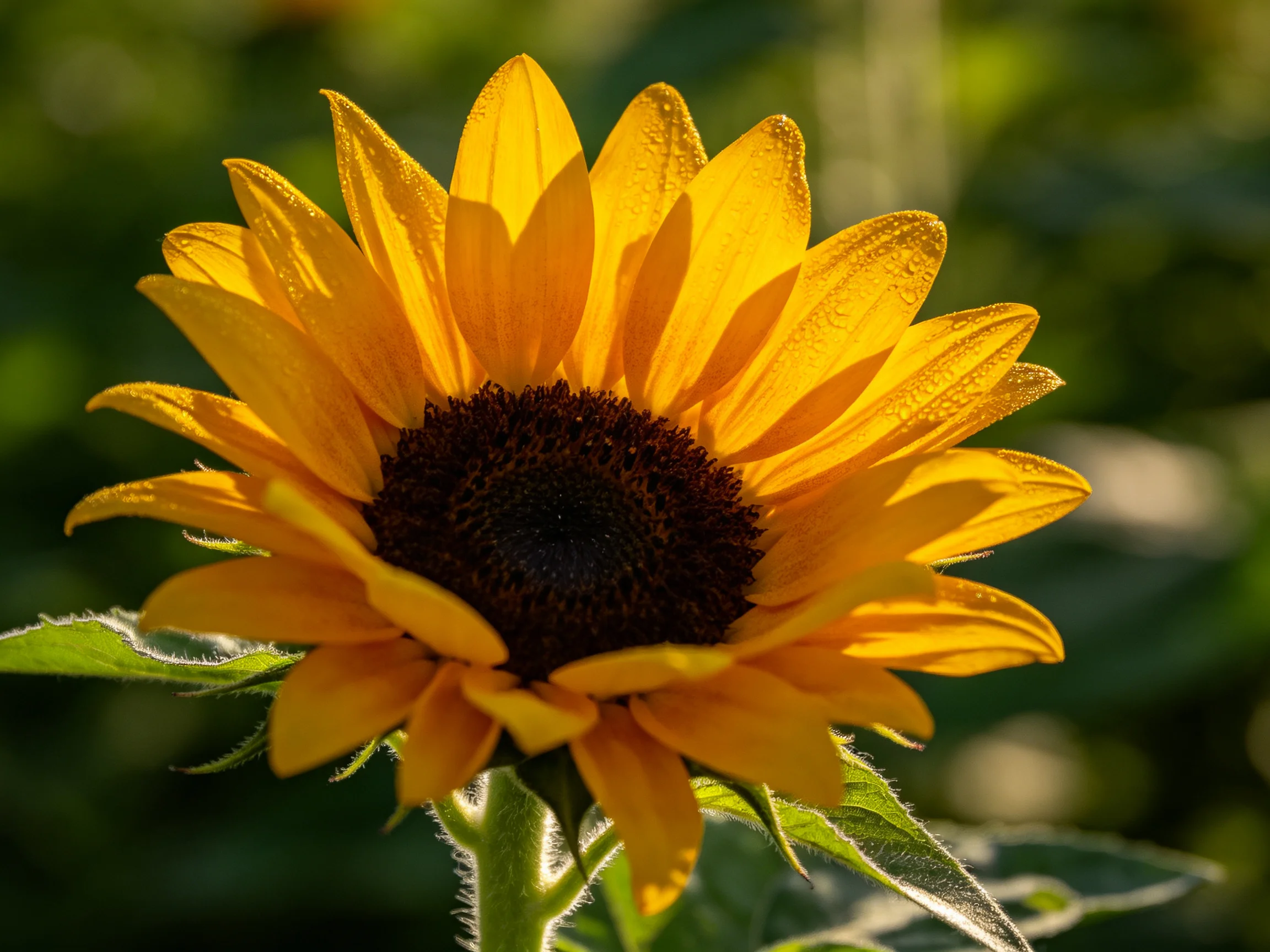 A vibrant sunflower with golden-yellow petals and a dark brown center