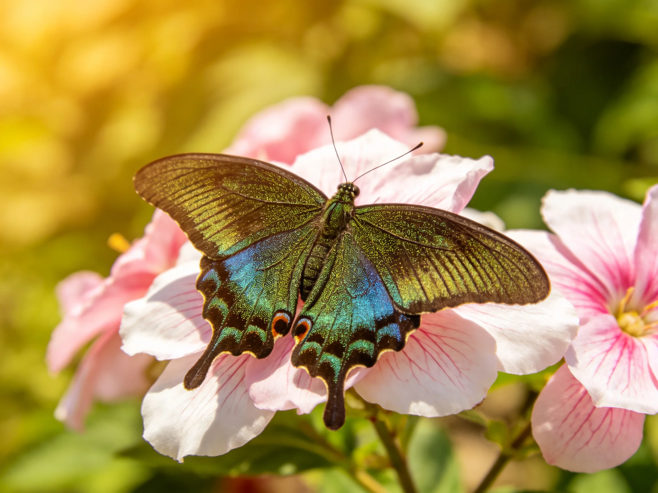 A vibrant swallowtail butterfly rests on soft pink blooms