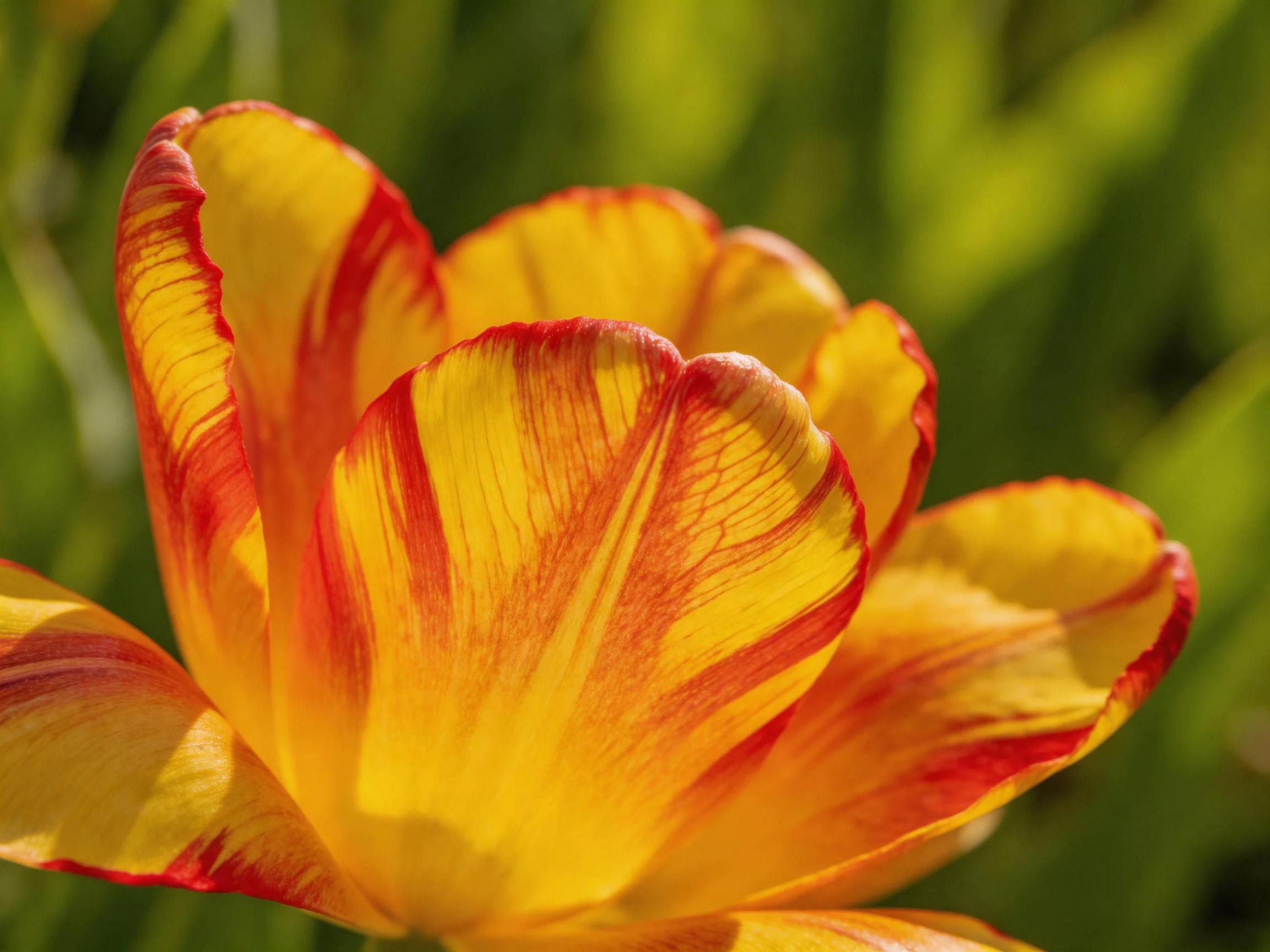 A vibrant tulip with red and yellow striped petals