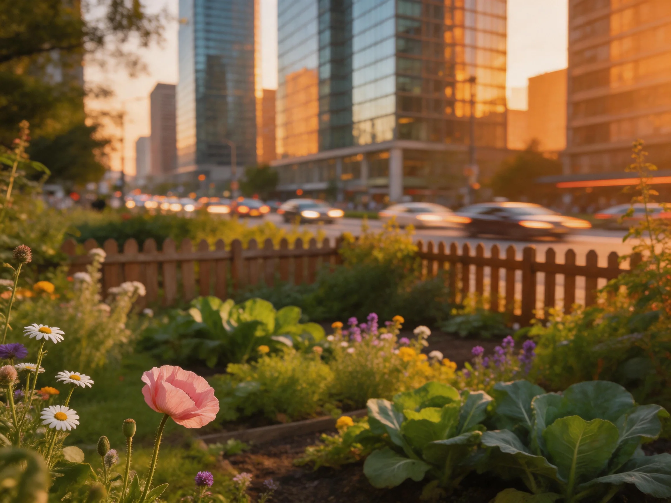 A vibrant urban garden with colorful blooms near glass skyscrapers