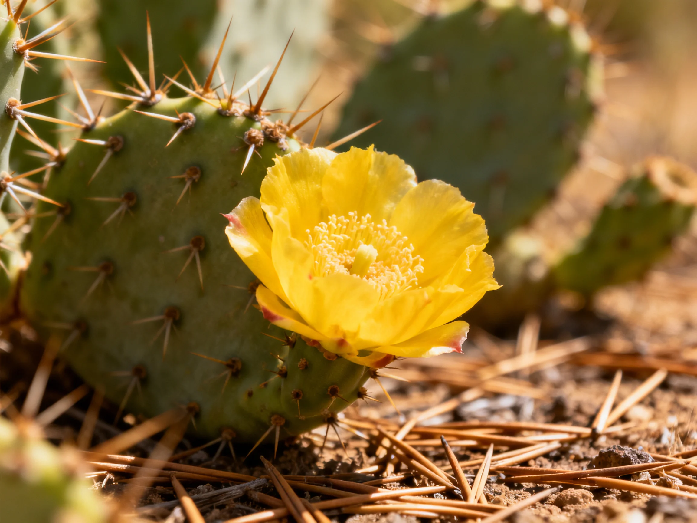 A vibrant yellow cactus flower blooms among spiny green pads