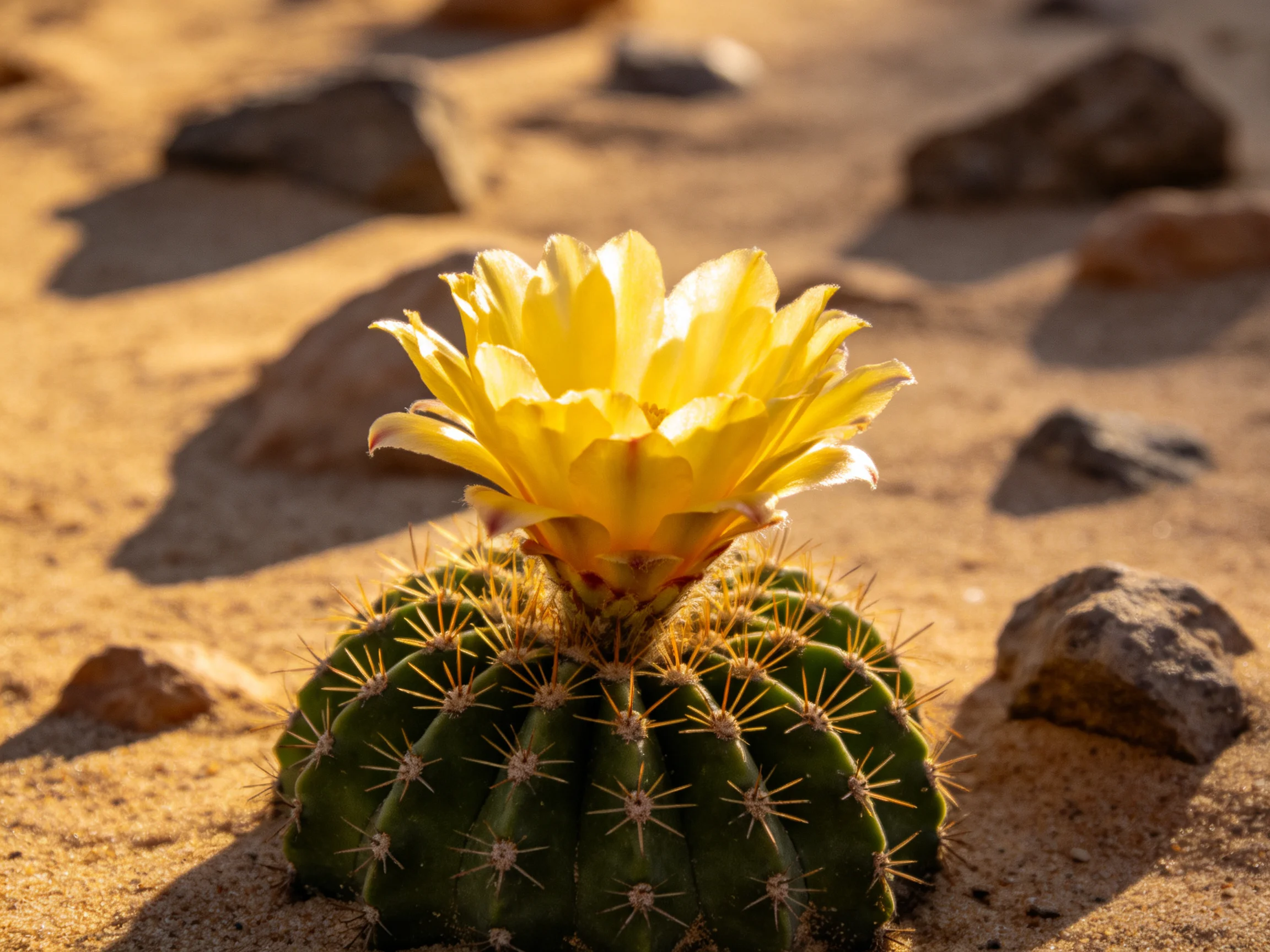 A vibrant yellow cactus flower blooms atop a spiny green cactus in a sandy landscape