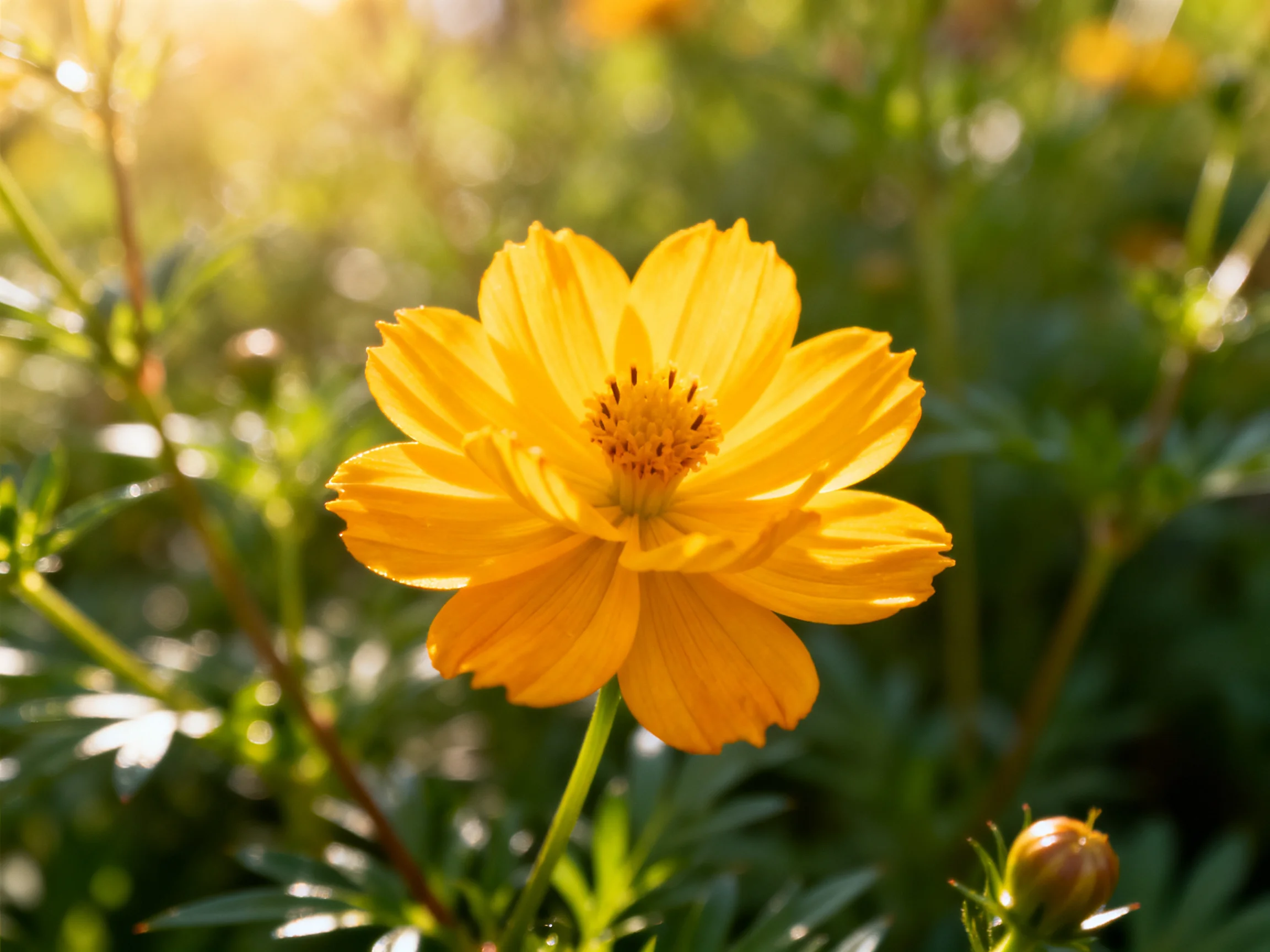 A vibrant yellow cosmos flower blooms amid lush green foliage