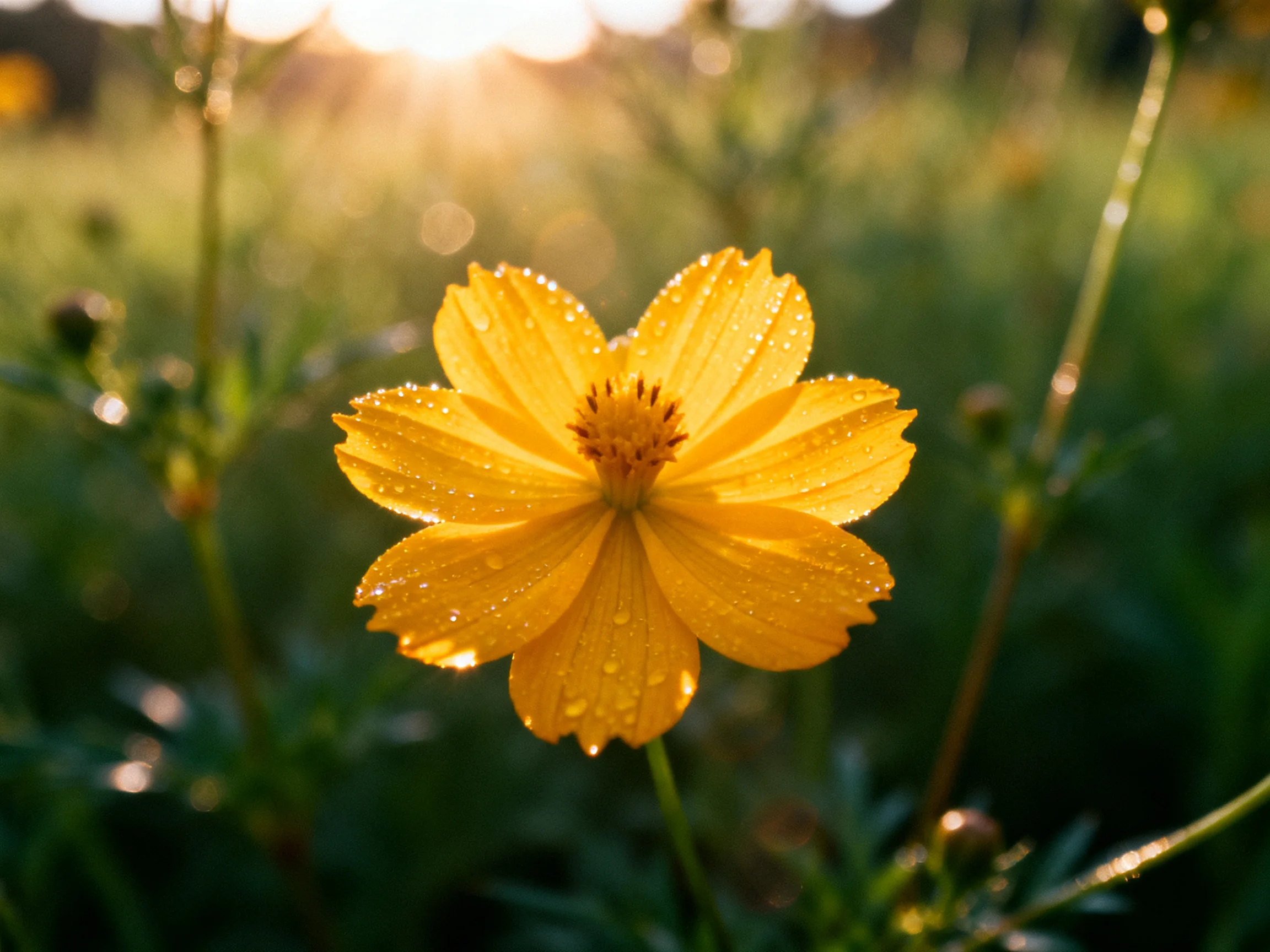 A vibrant yellow cosmos flower glistening with morning dew