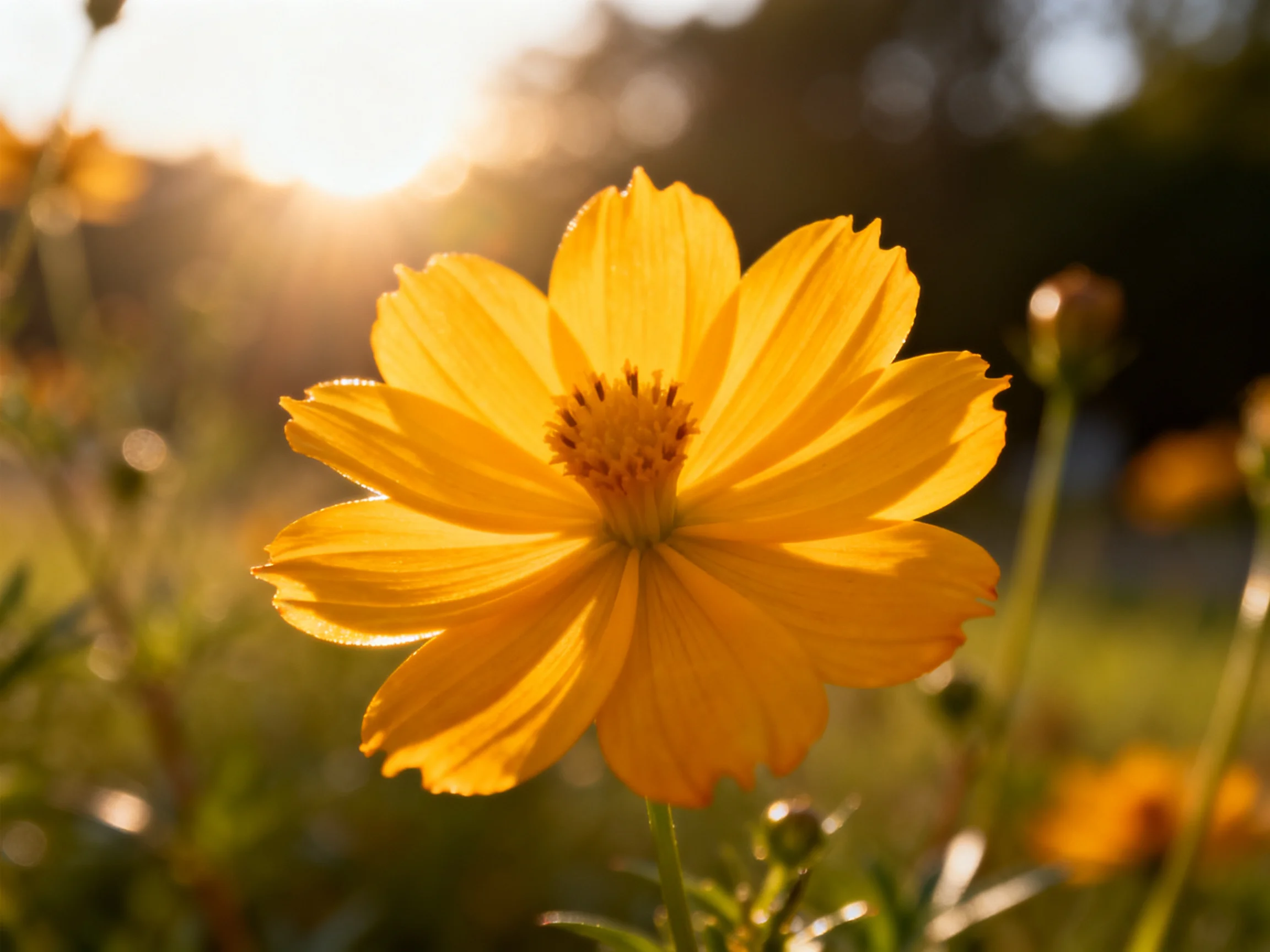 A vibrant yellow cosmos flower illuminated by golden sunlight