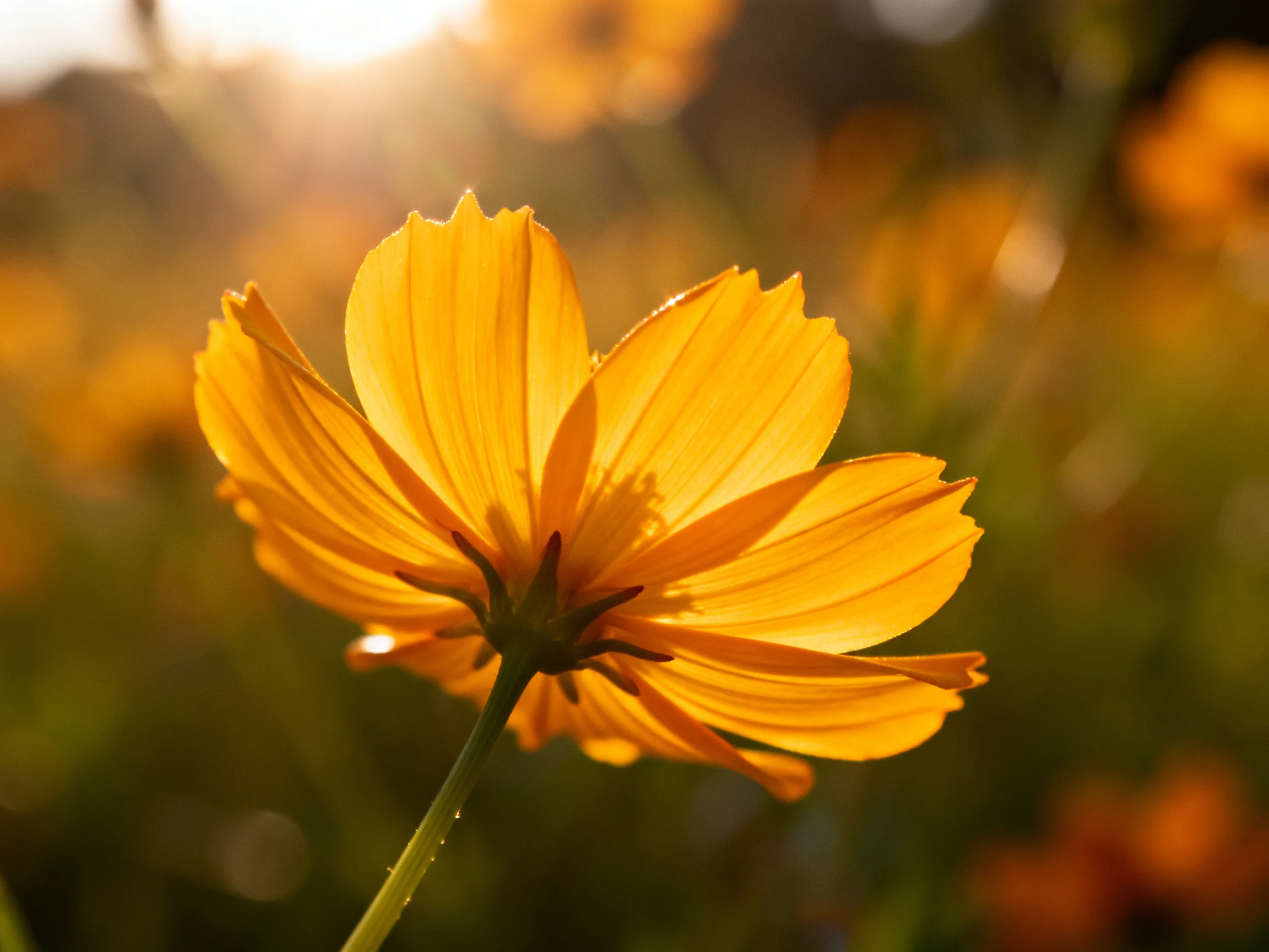 A vibrant yellow cosmos flower illuminated by golden sunlight