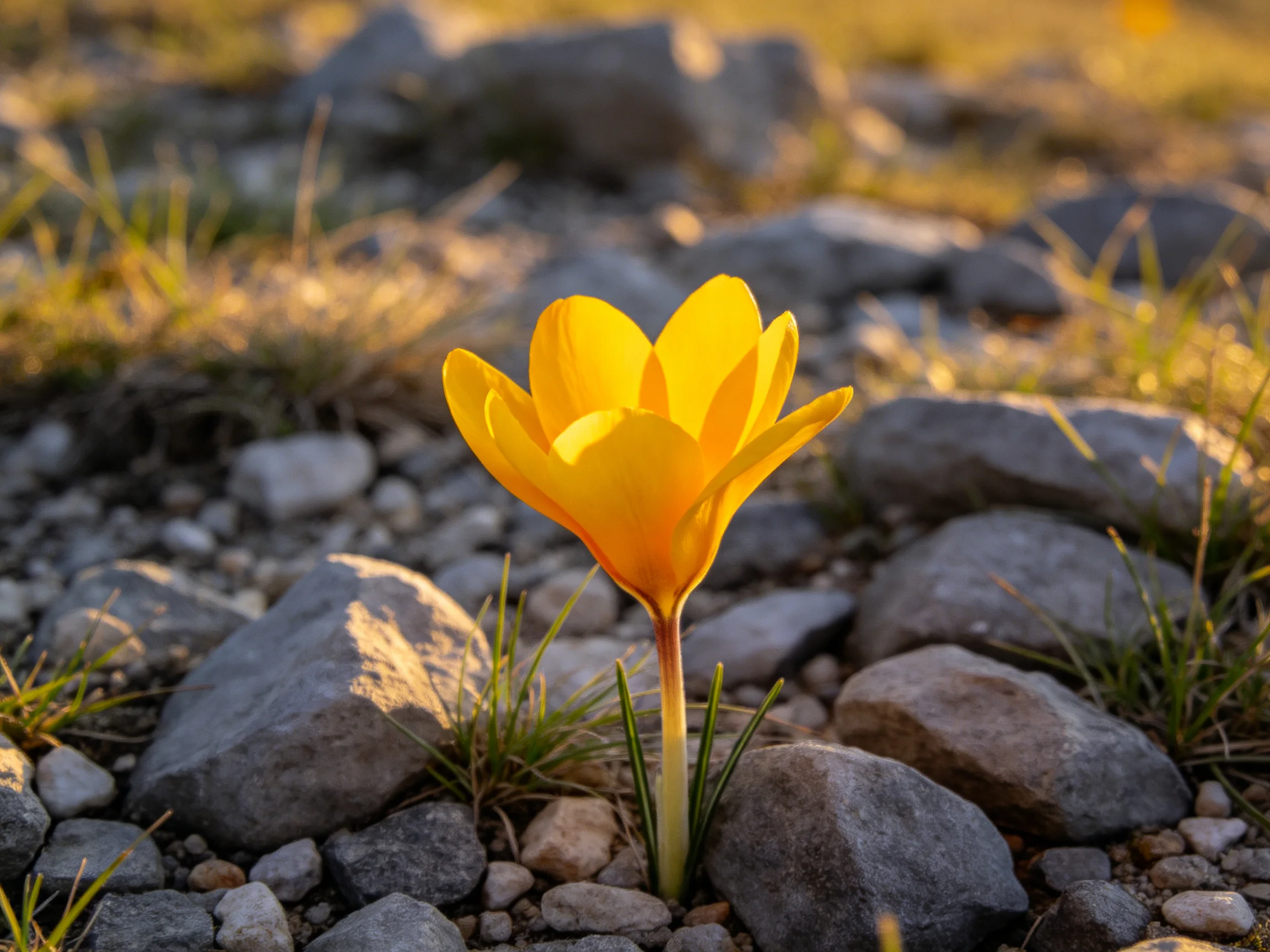 A vibrant yellow crocus blooms amid scattered gray stones