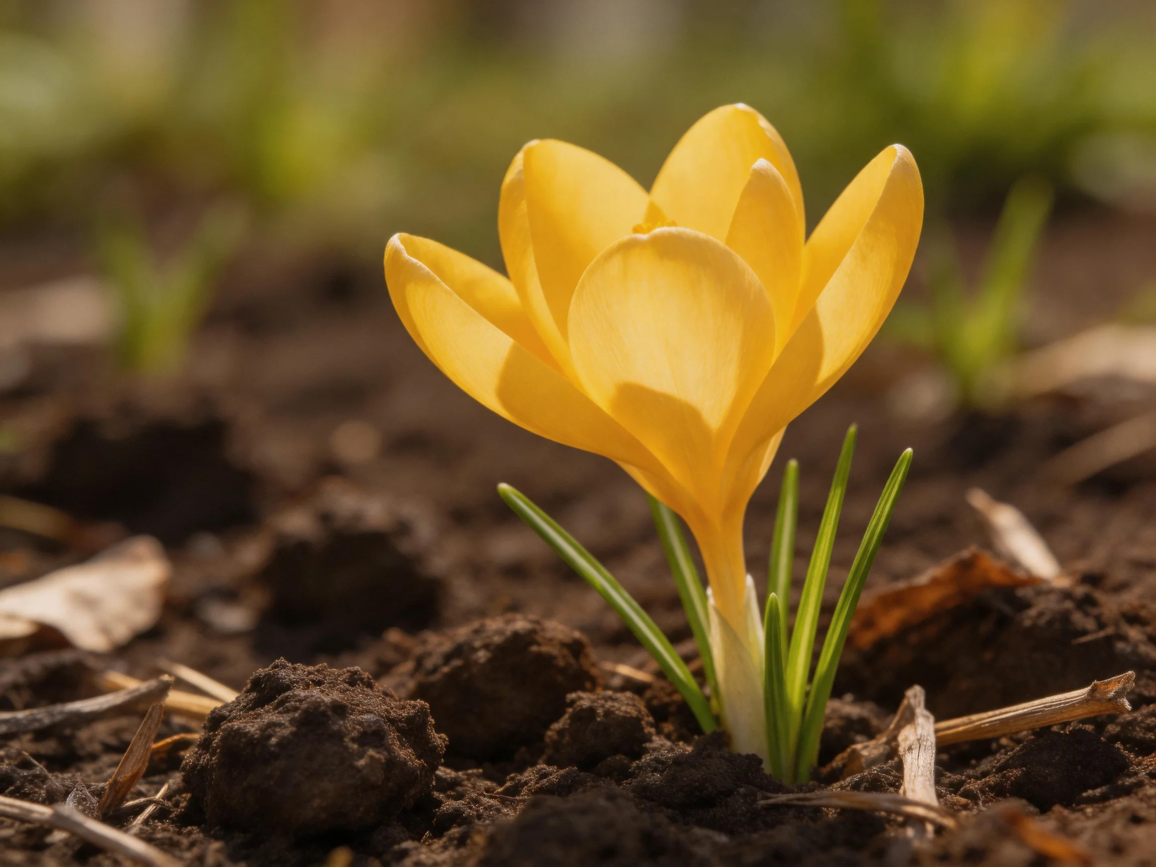 A vibrant yellow crocus blooms from dark brown earth