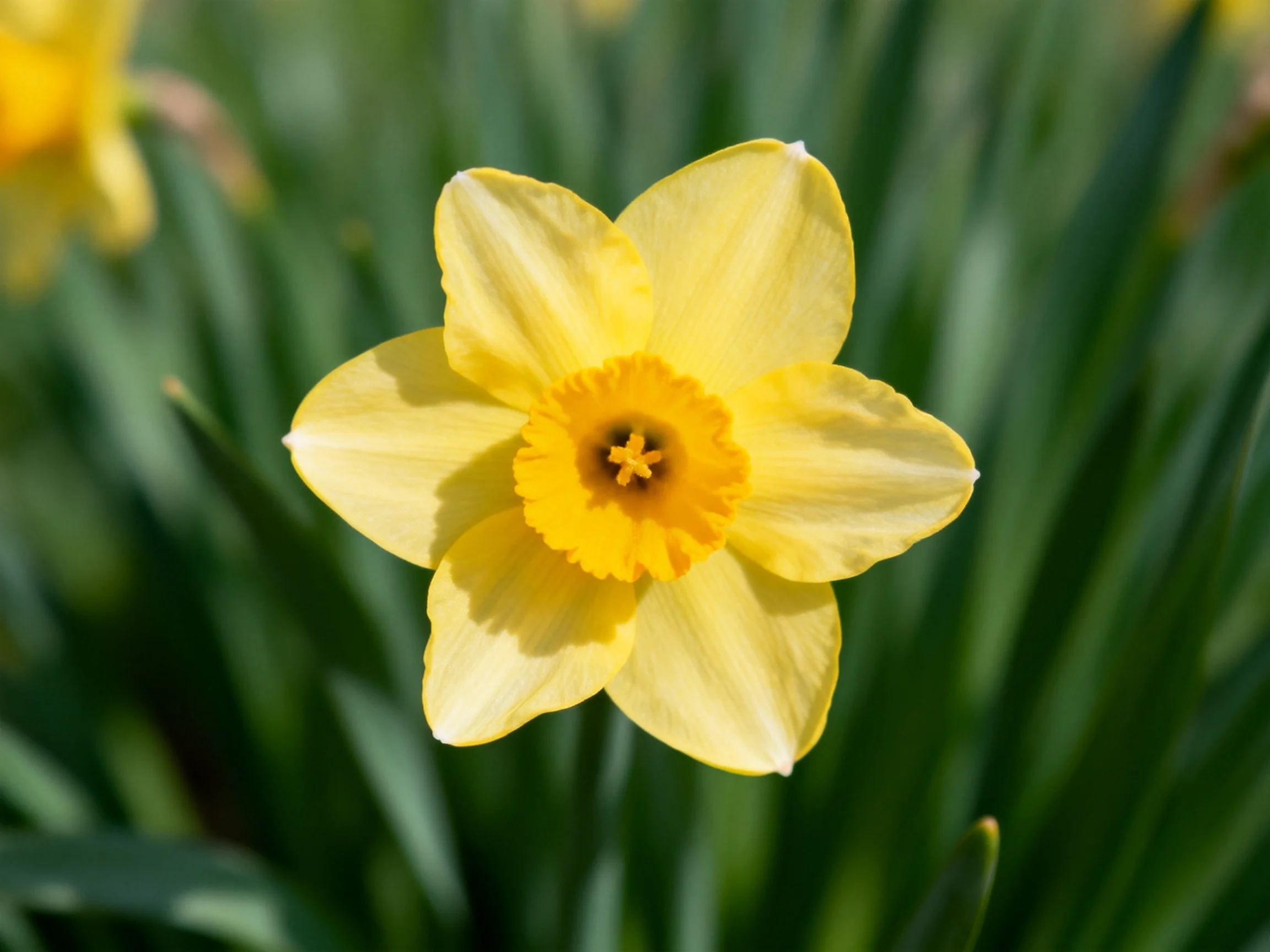 A vibrant yellow daffodil blooms amidst lush green foliage
