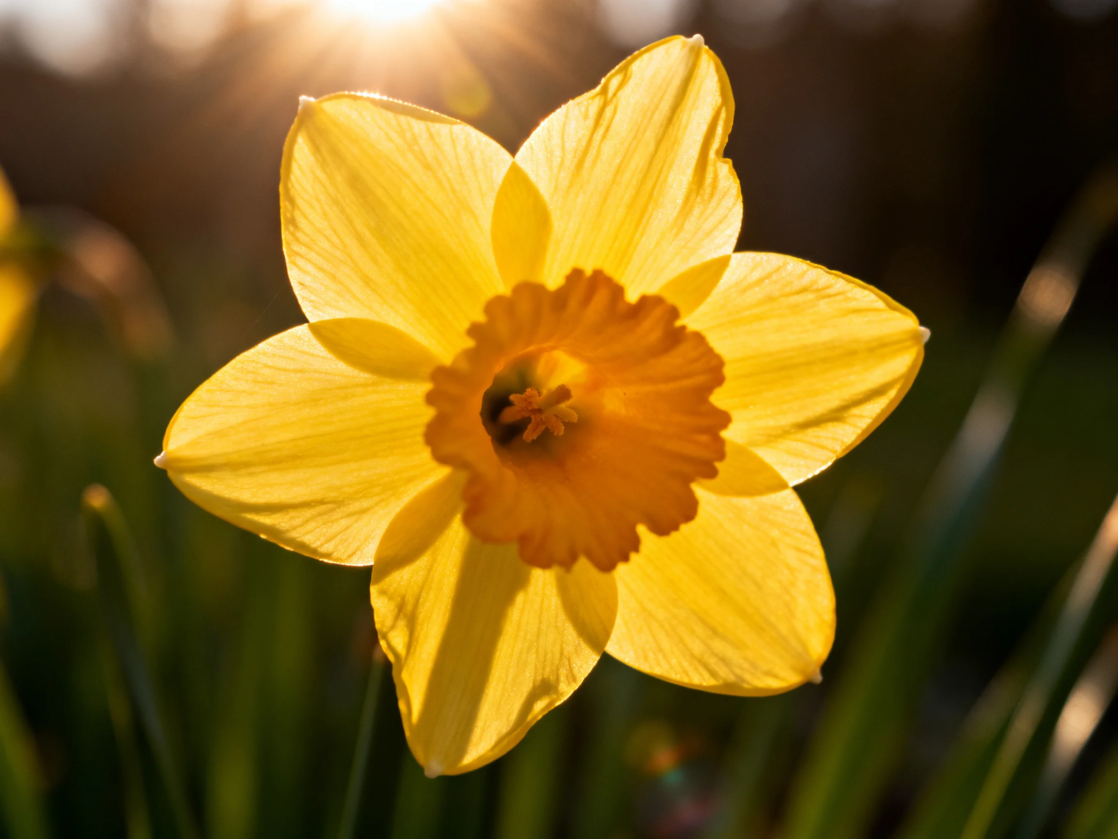 A vibrant yellow daffodil illuminated by warm sunlight