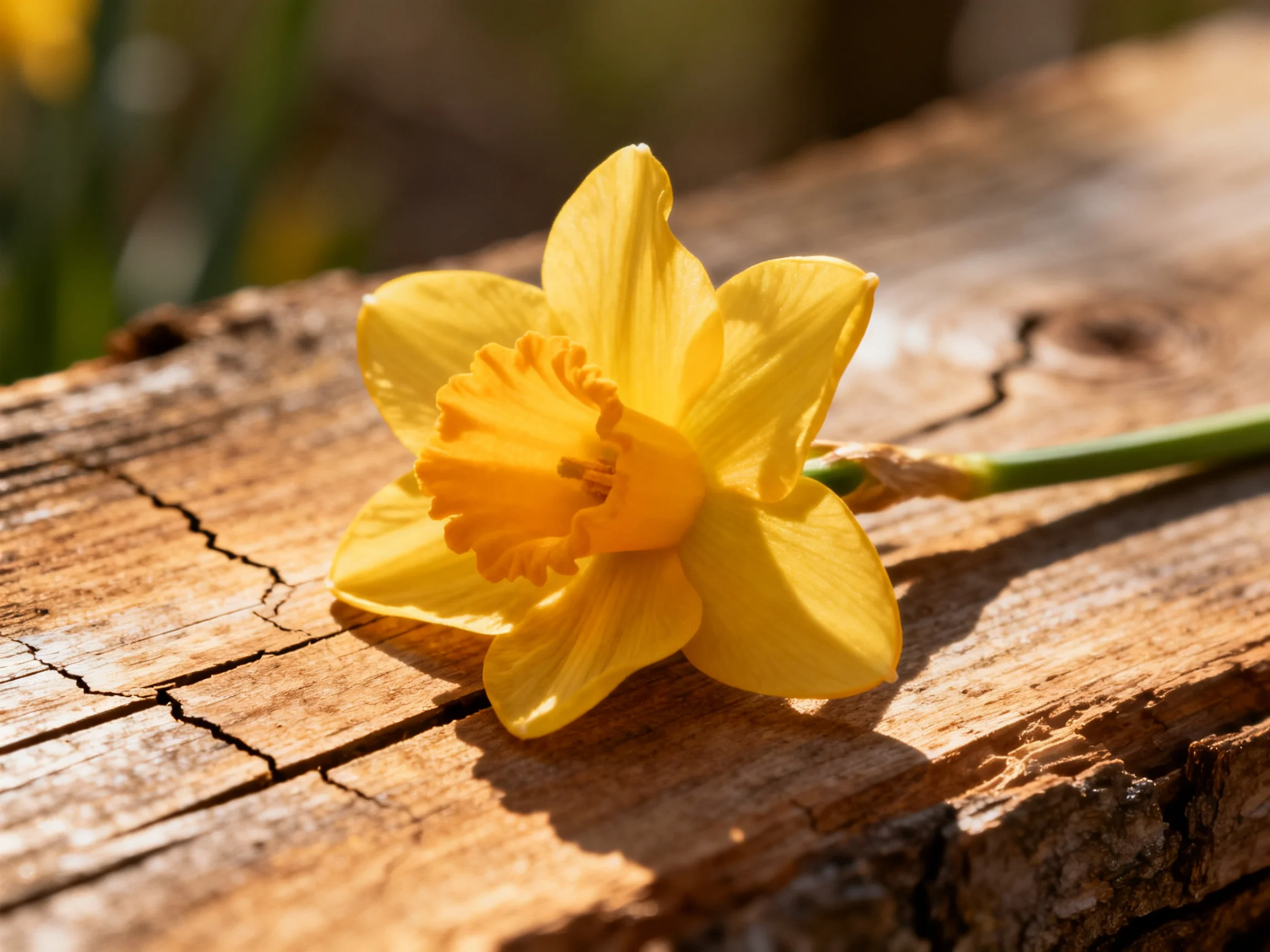 A vibrant yellow daffodil resting on aged wooden planks