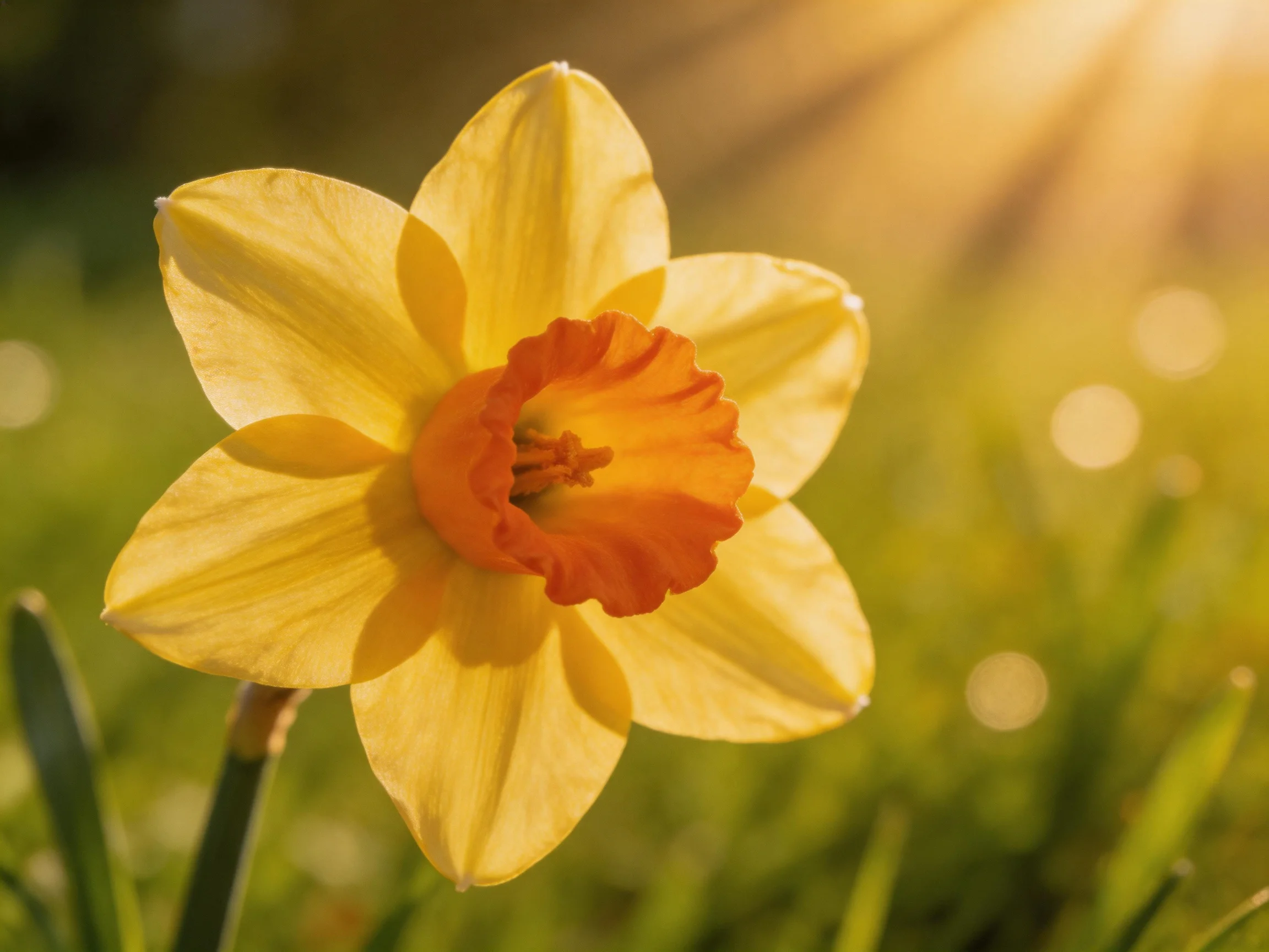 A single vibrant yellow daffodil with an orange center is centered against a blurred green background.