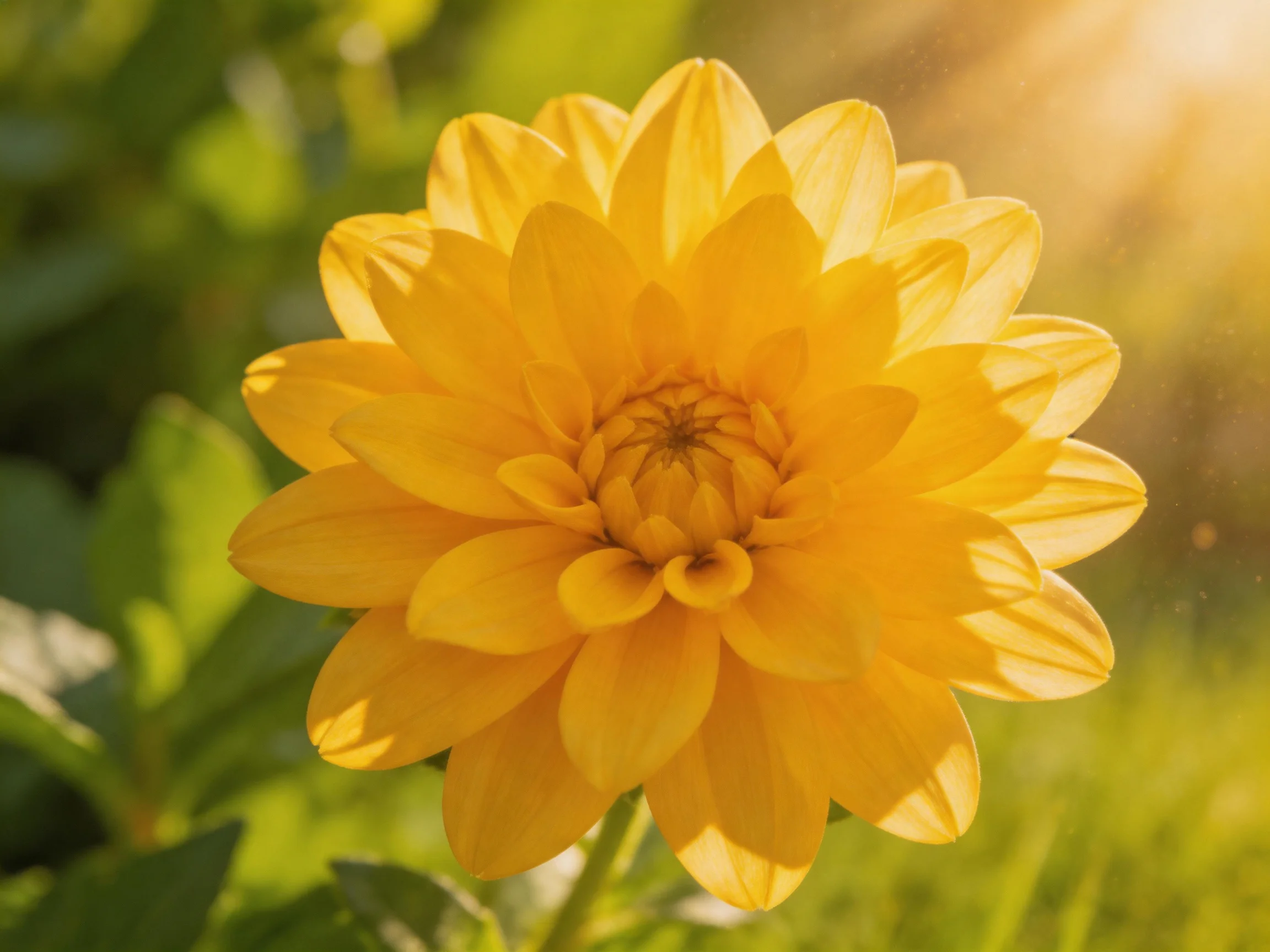 A vibrant yellow dahlia blooming in a sun-drenched garden