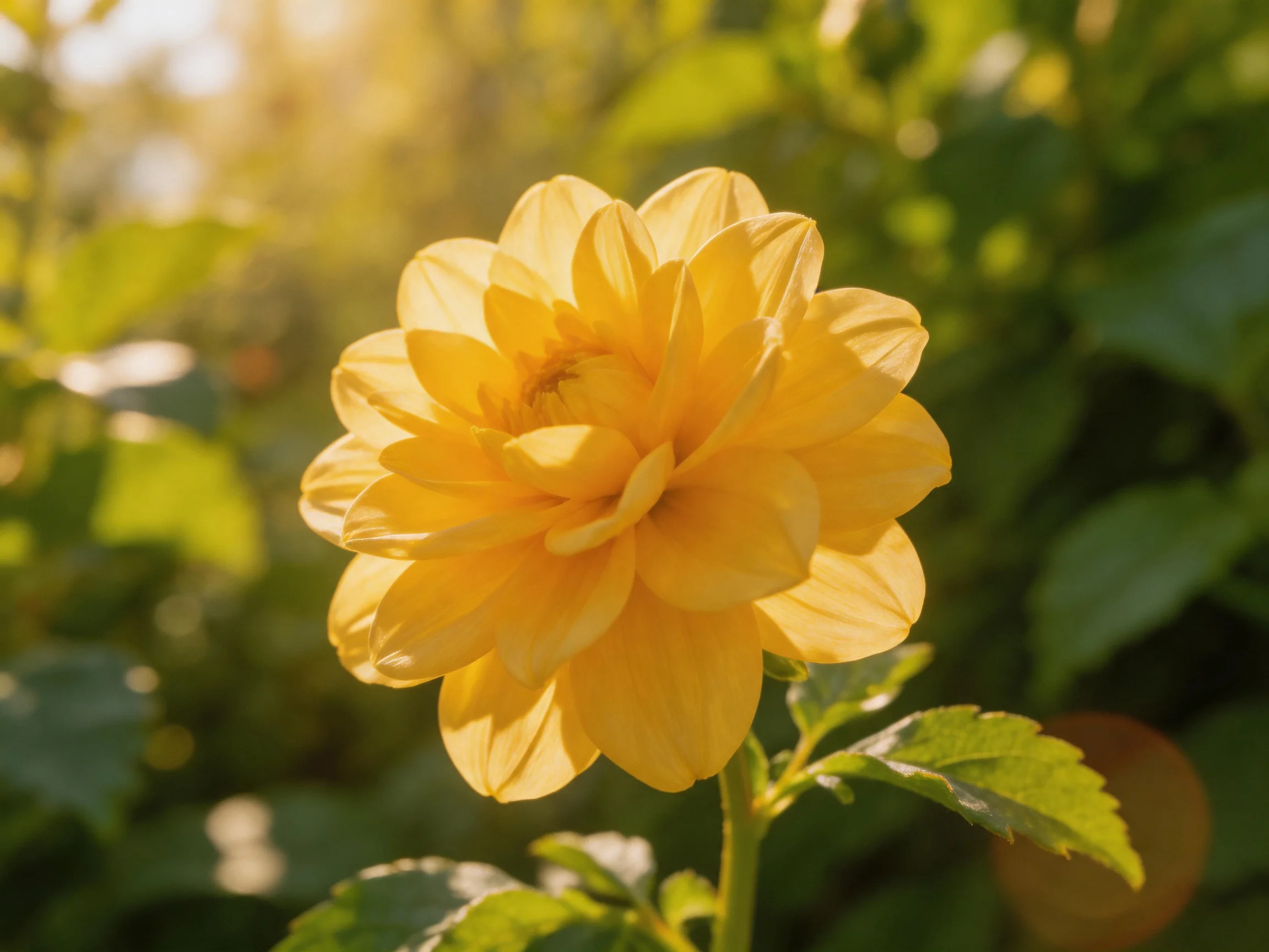 A vibrant yellow dahlia blooms amid lush green foliage under golden sunlight