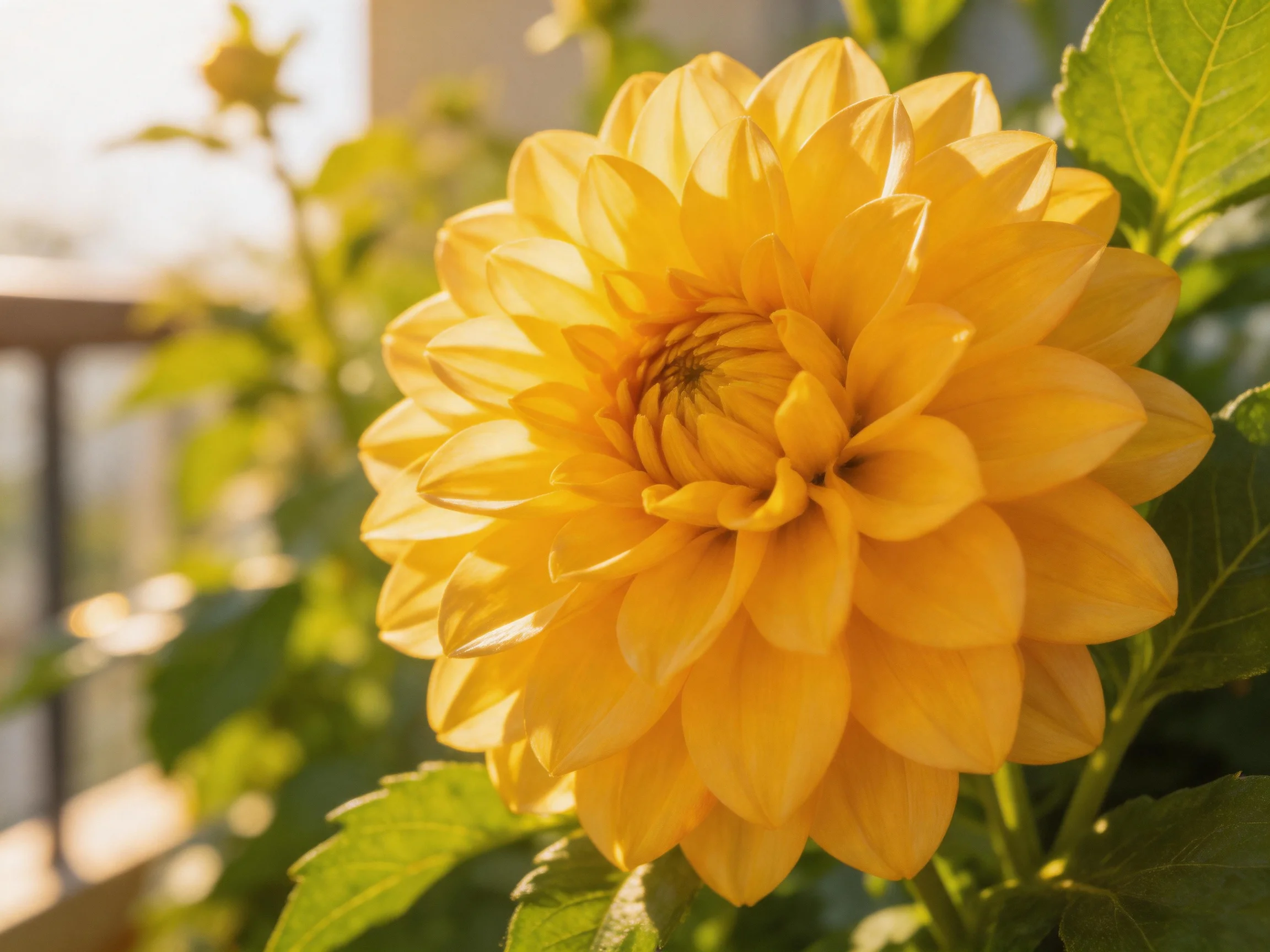 A vibrant yellow dahlia blooms prominently among lush green foliage