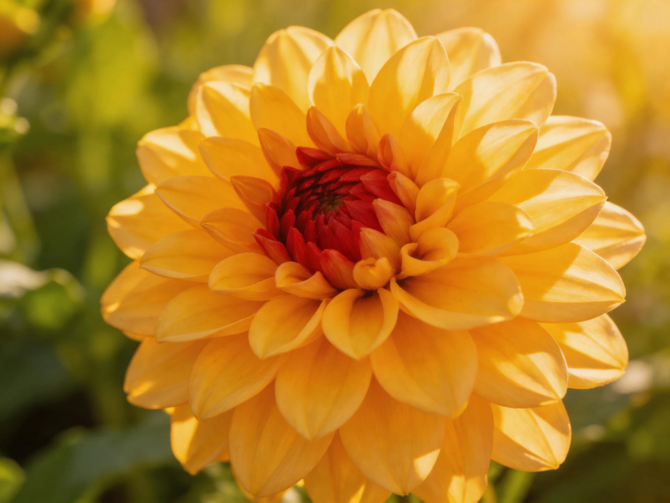 A vibrant yellow dahlia with layered petals and a crimson center