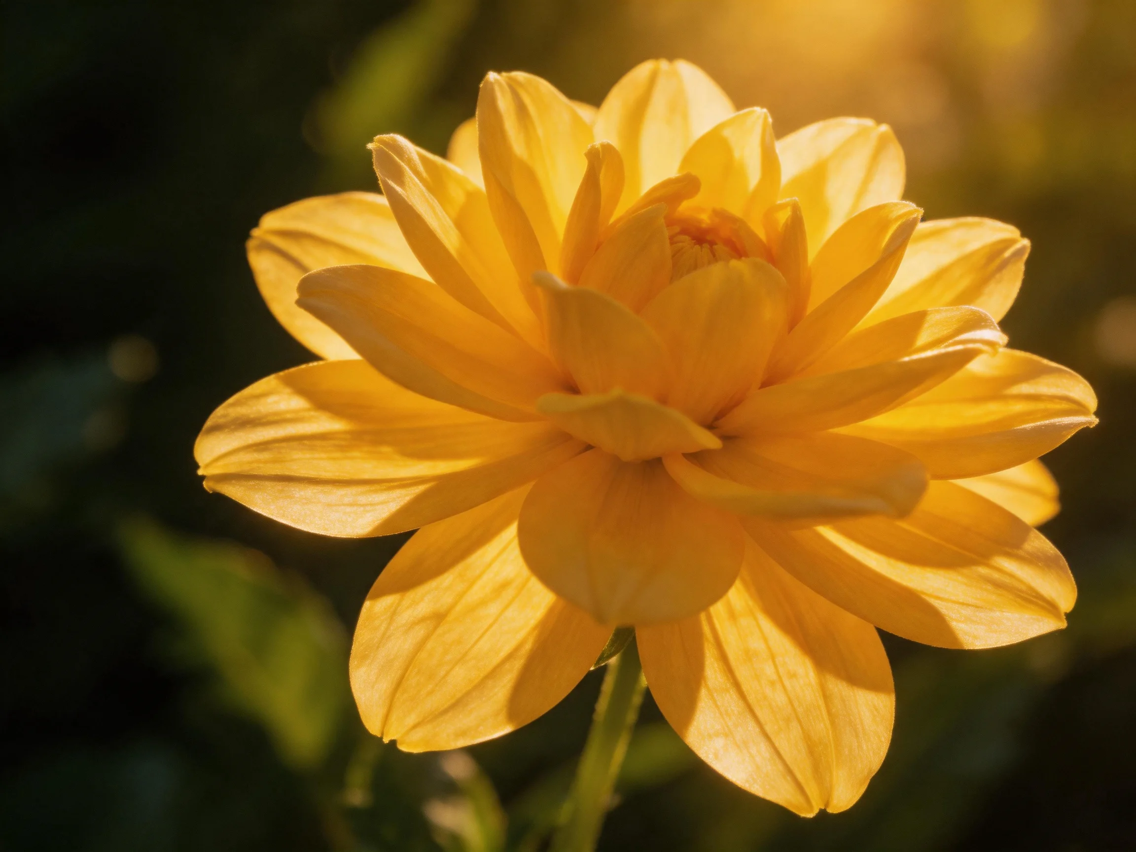 A vibrant yellow dahlia with layered petals under warm sunlight