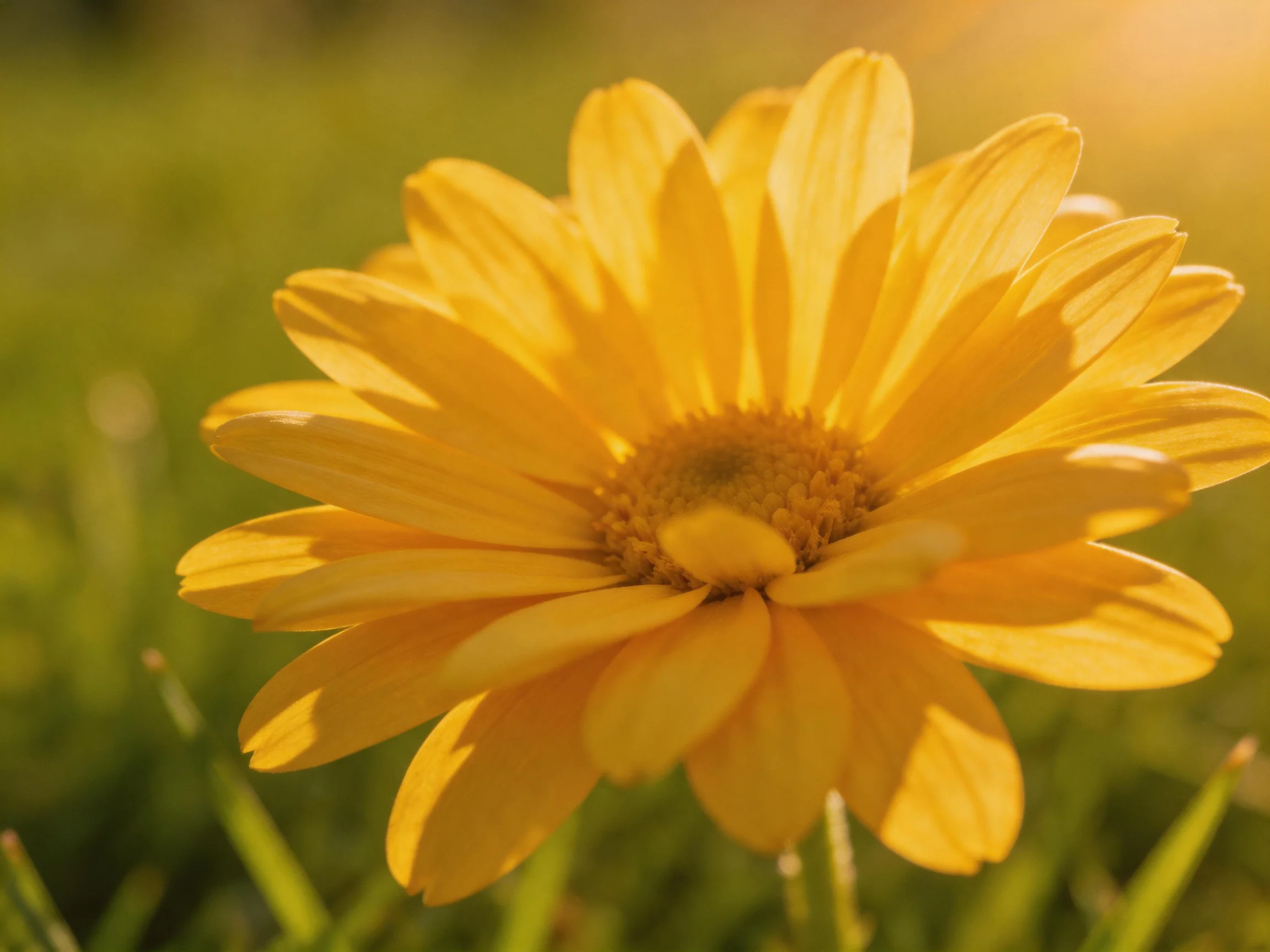 A vibrant yellow daisy blooms in a sunlit meadow with green surroundings